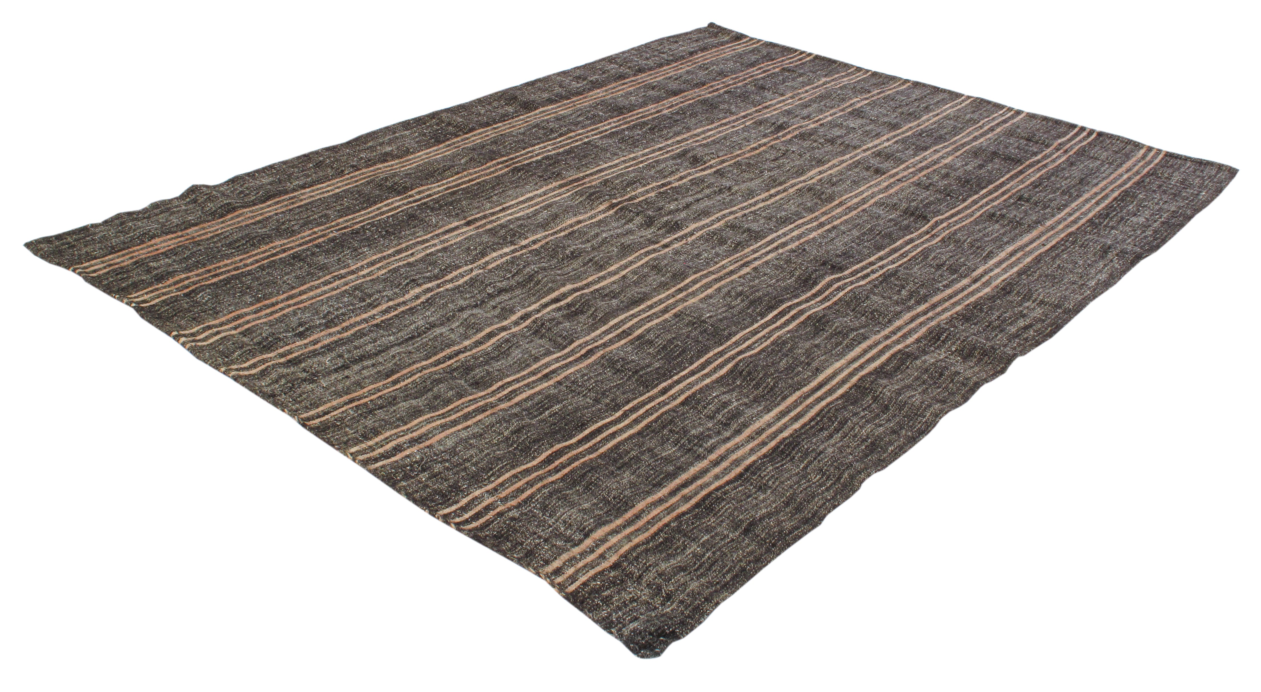 Vintage Brown Flatweave Rug with Terracotta Stripes