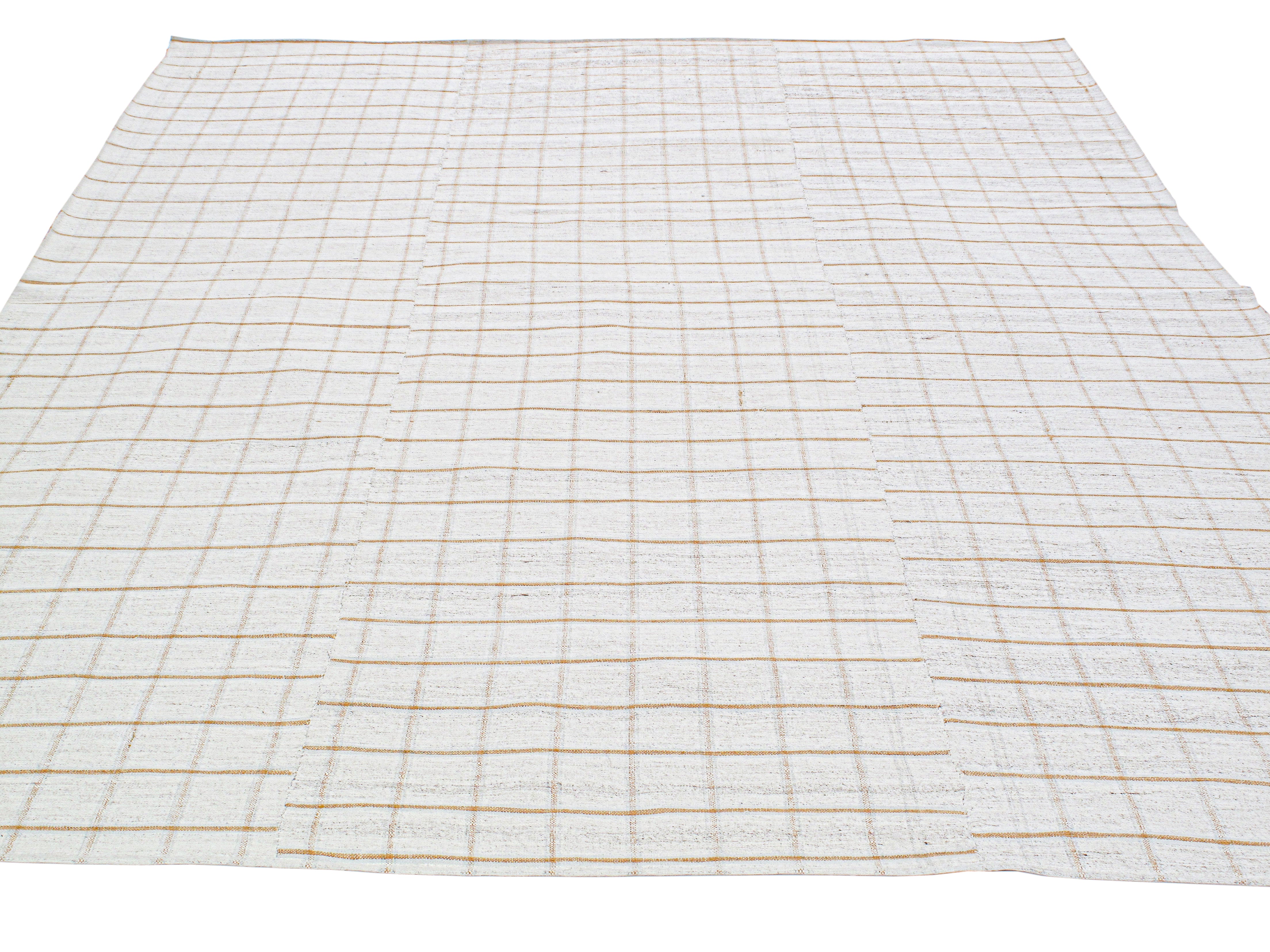 Modern Ivory Flatweave Rug with Warm Grid Pattern