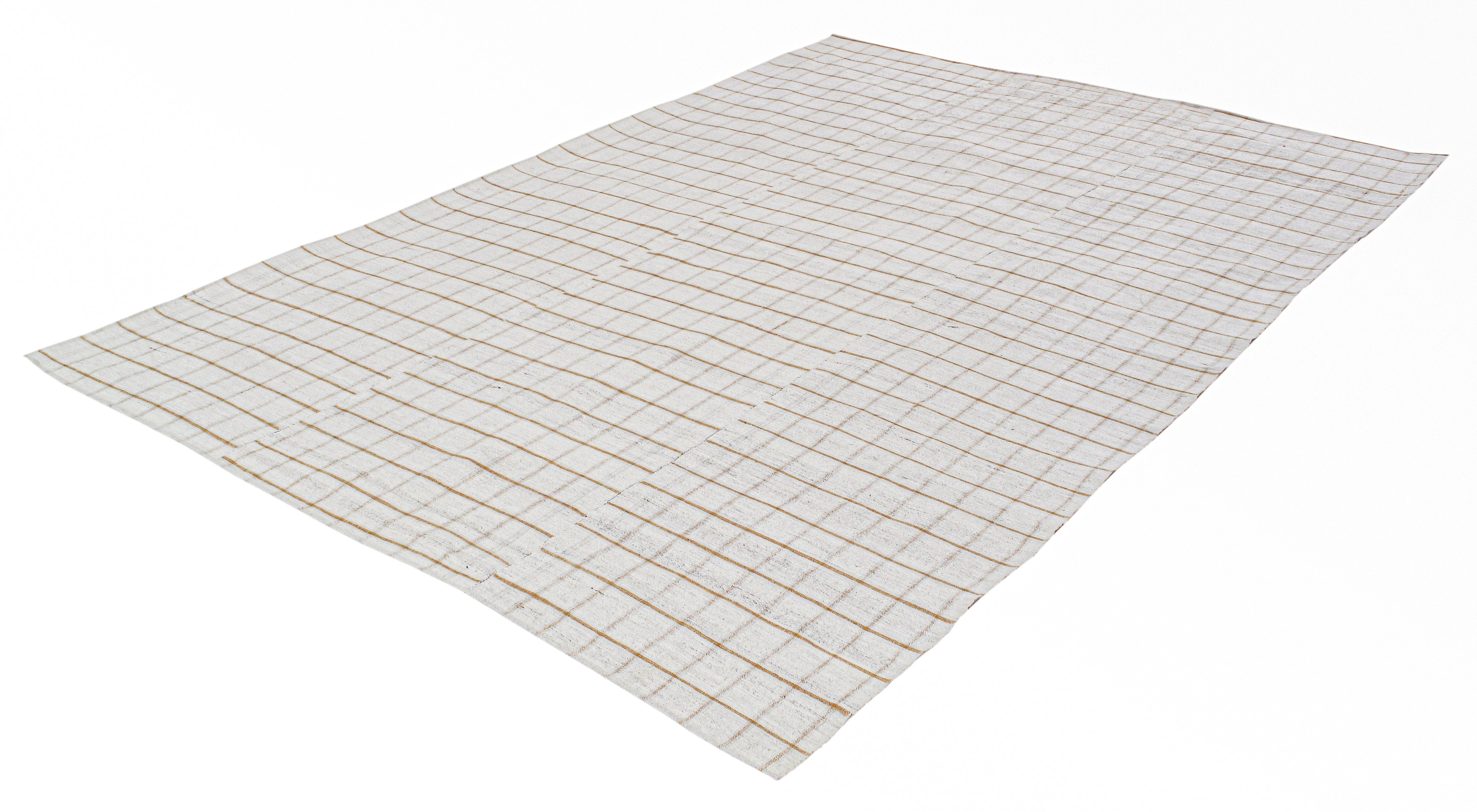 Modern Ivory Flatweave Rug with Warm Grid Pattern