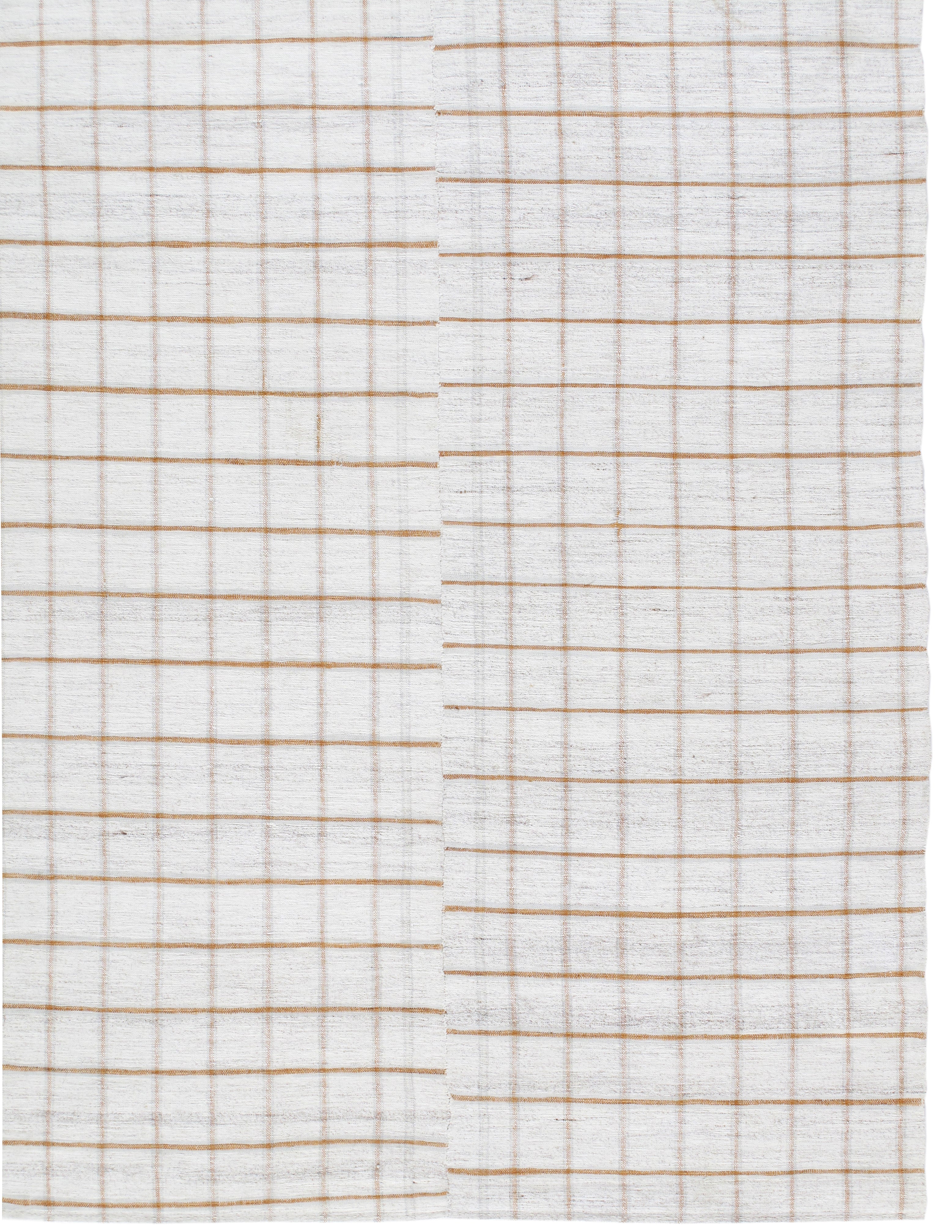 Modern Ivory Flatweave Rug with Warm Grid Pattern