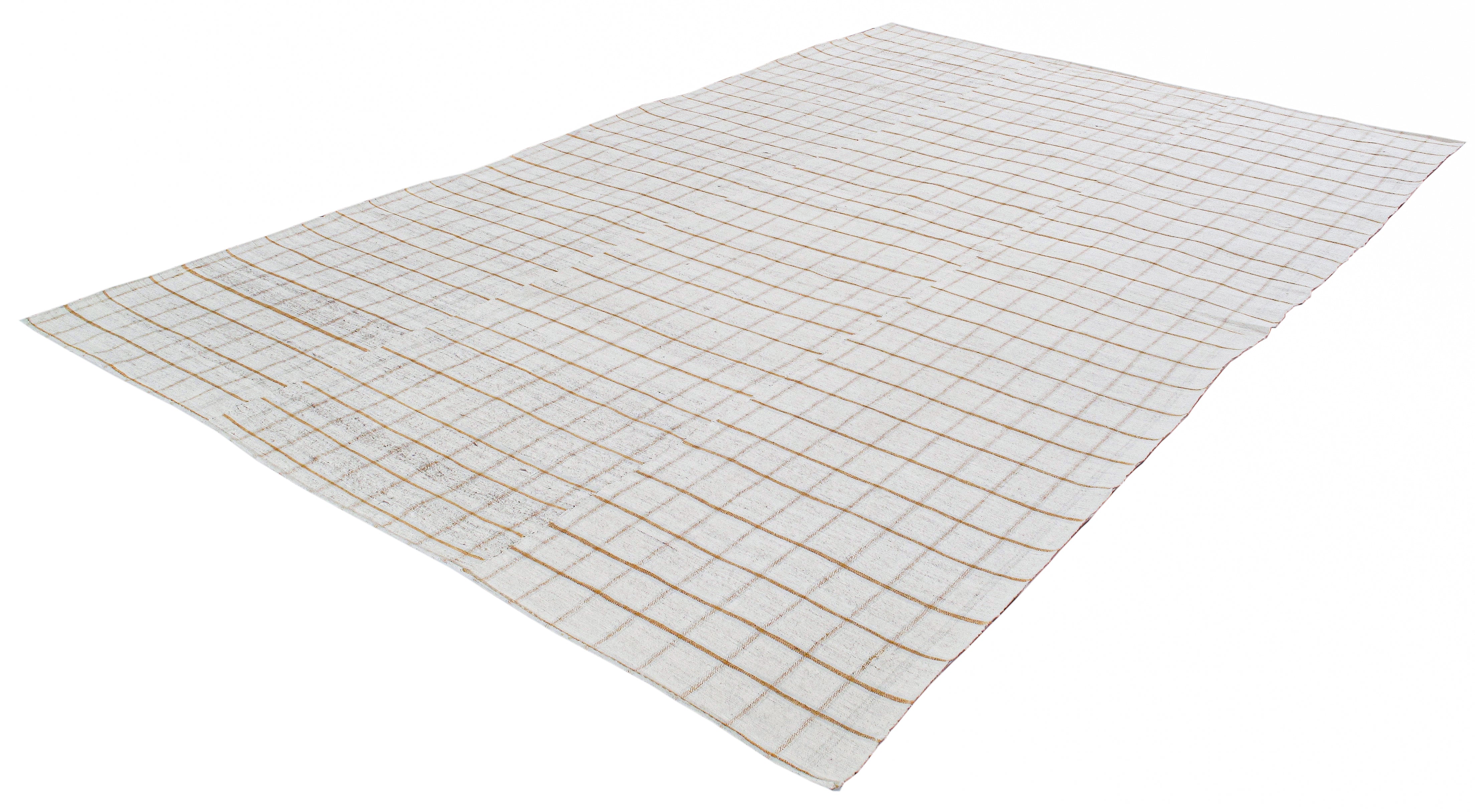 Modern Ivory Flatweave Rug with Warm Grid Pattern