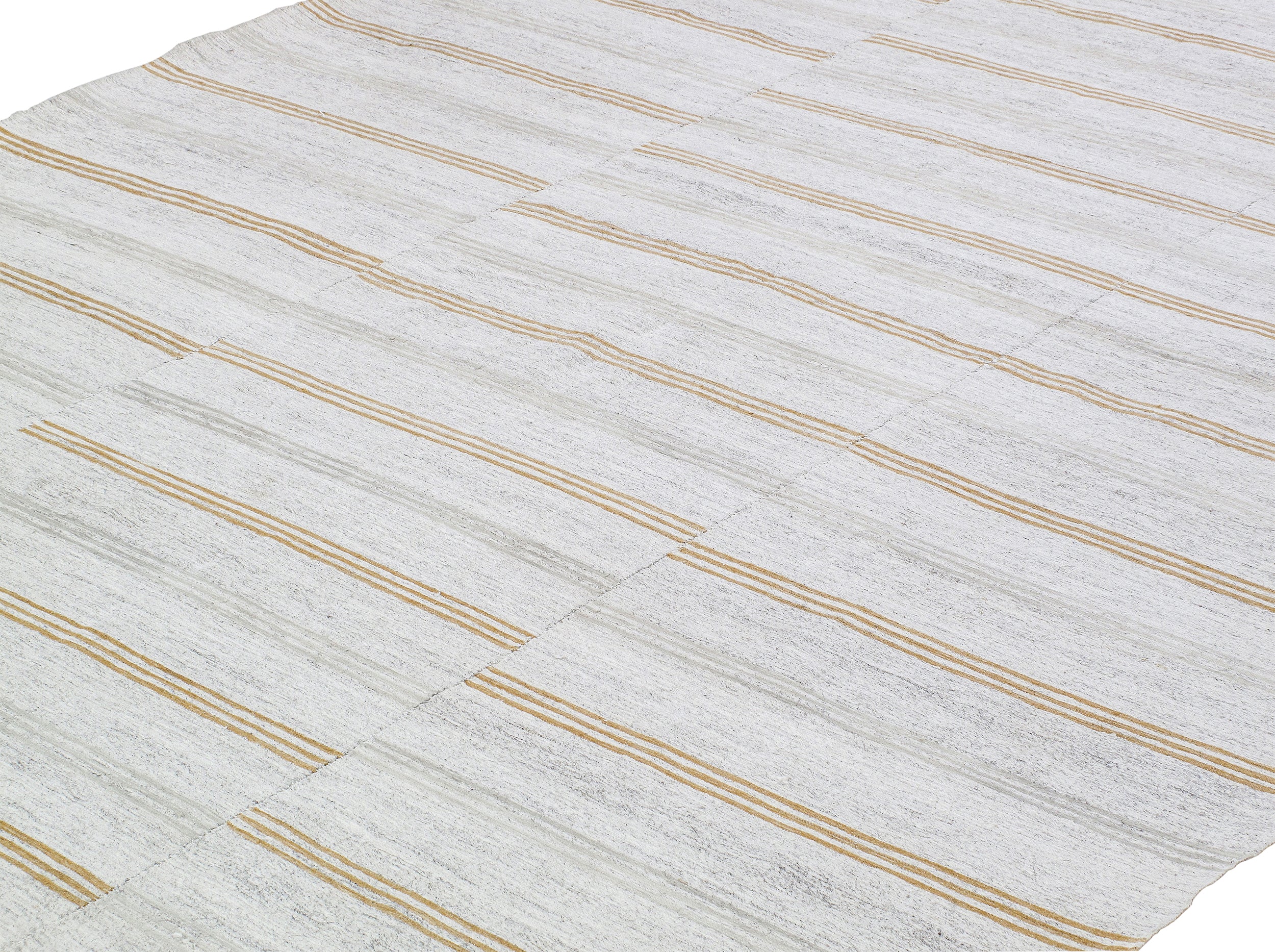 Modern Ivory Flatweave Rug with Golden Horizontal Stripes