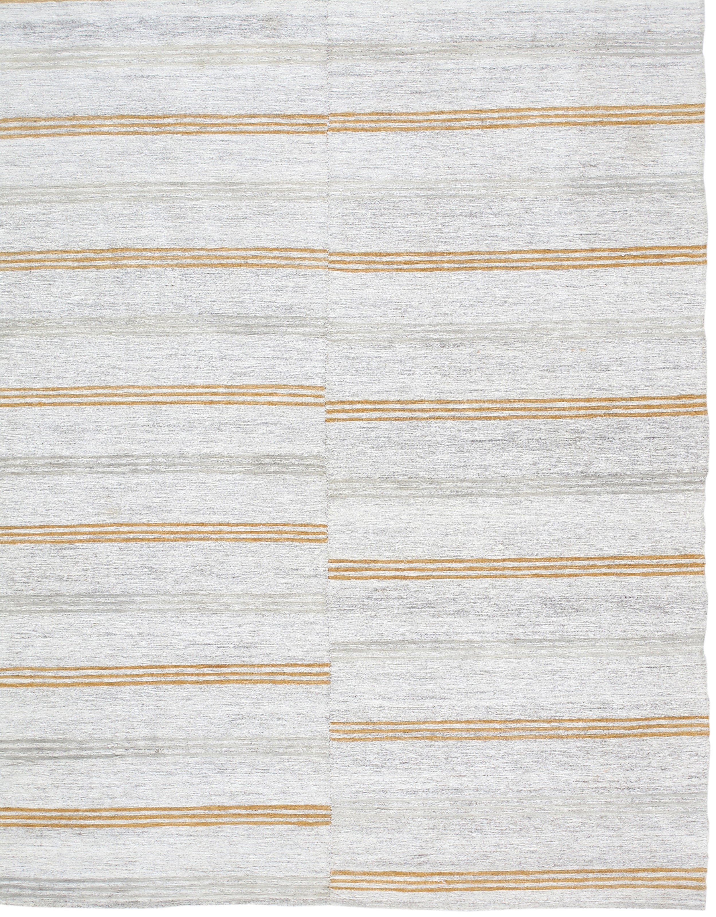 Modern Ivory Flatweave Rug with Golden Horizontal Stripes