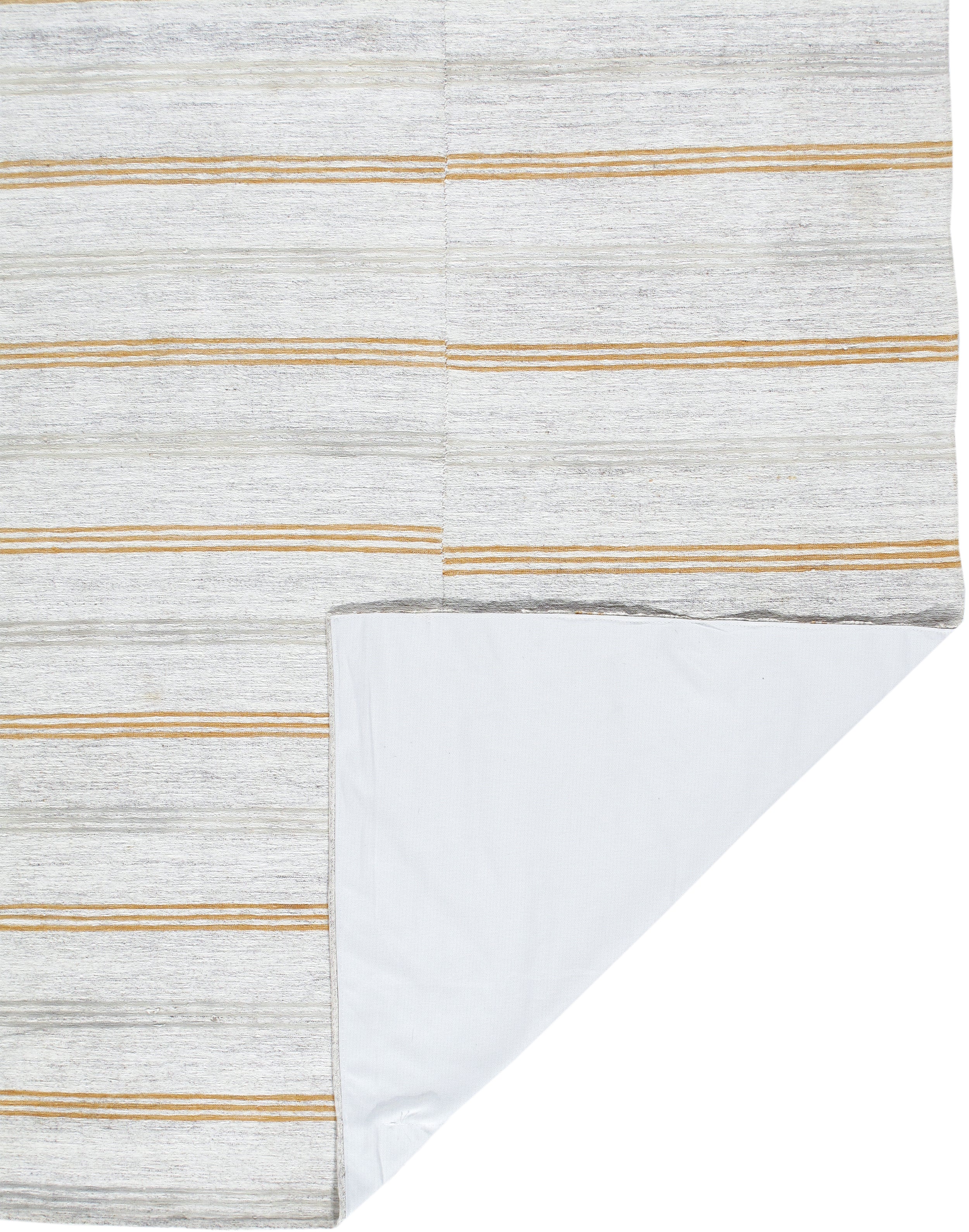 Modern Ivory Flatweave Rug with Golden Horizontal Stripes