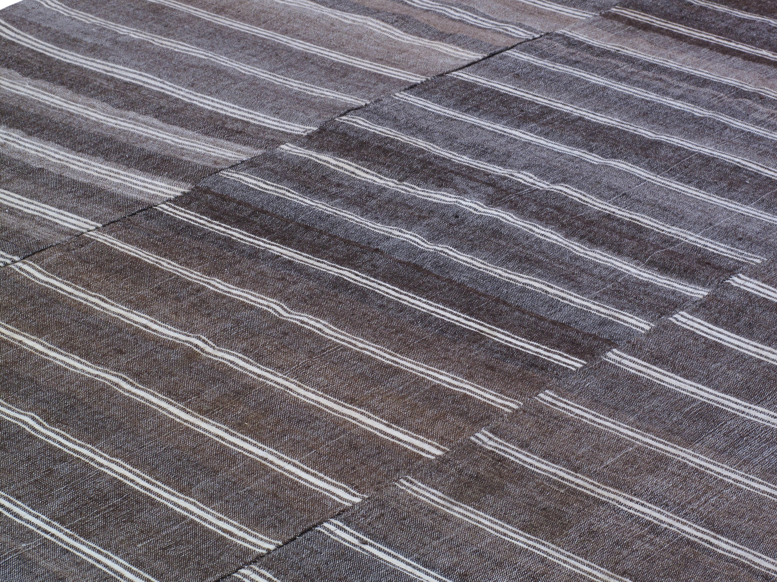 Dark Brown Flatweave Rug with Ivory Horizontal Stripes