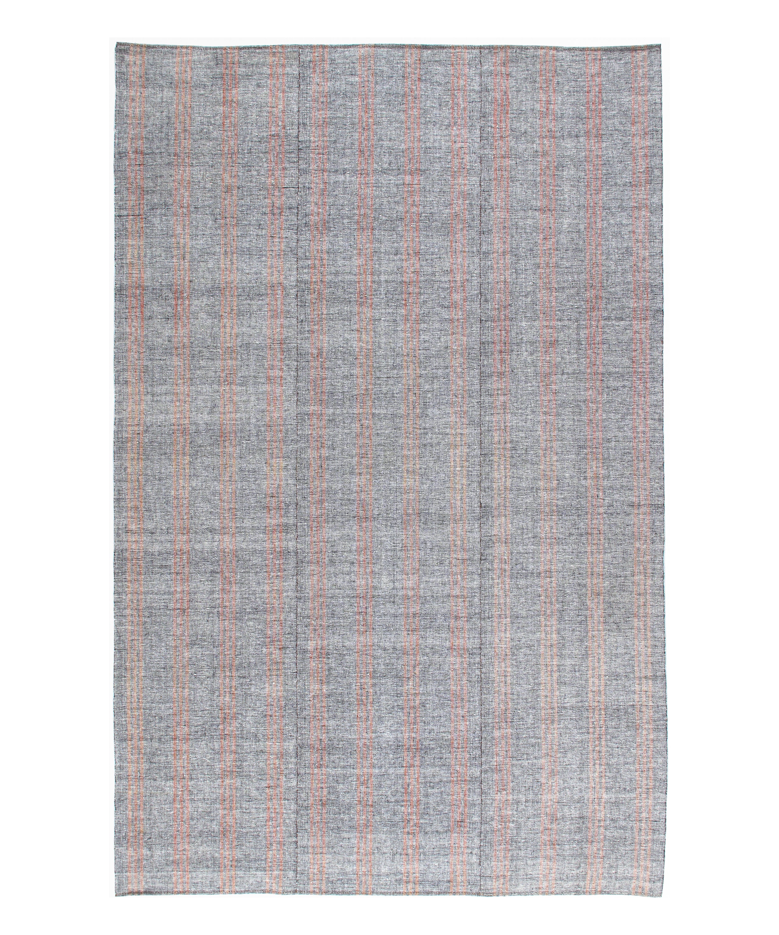 Gray Flatweave Rug with Red and Tan Vertical Stripes