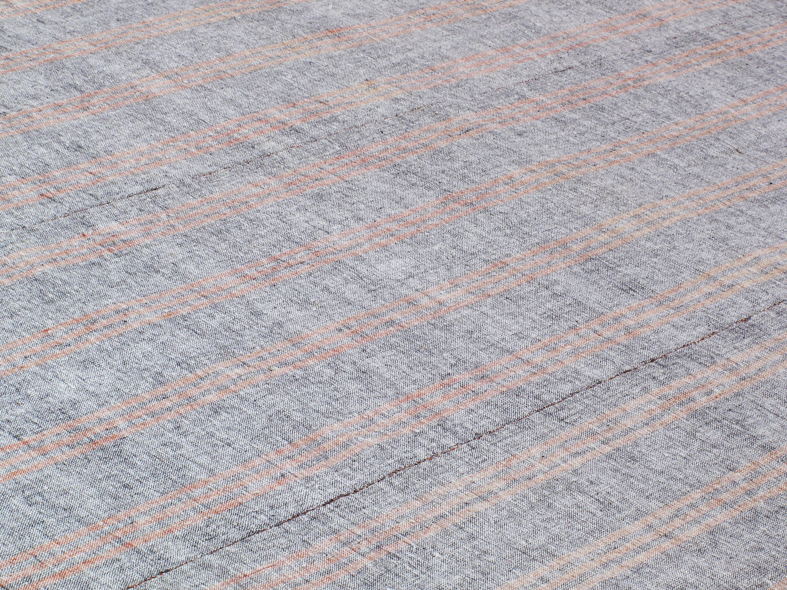 Gray Flatweave Rug with Red and Tan Vertical Stripes