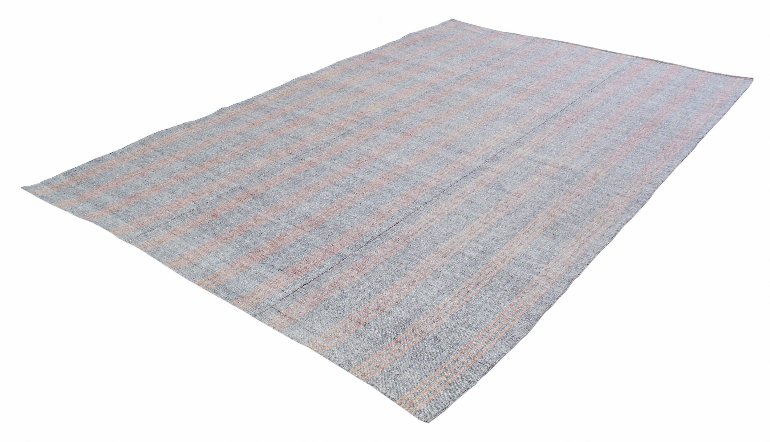 Gray Flatweave Rug with Red and Tan Vertical Stripes