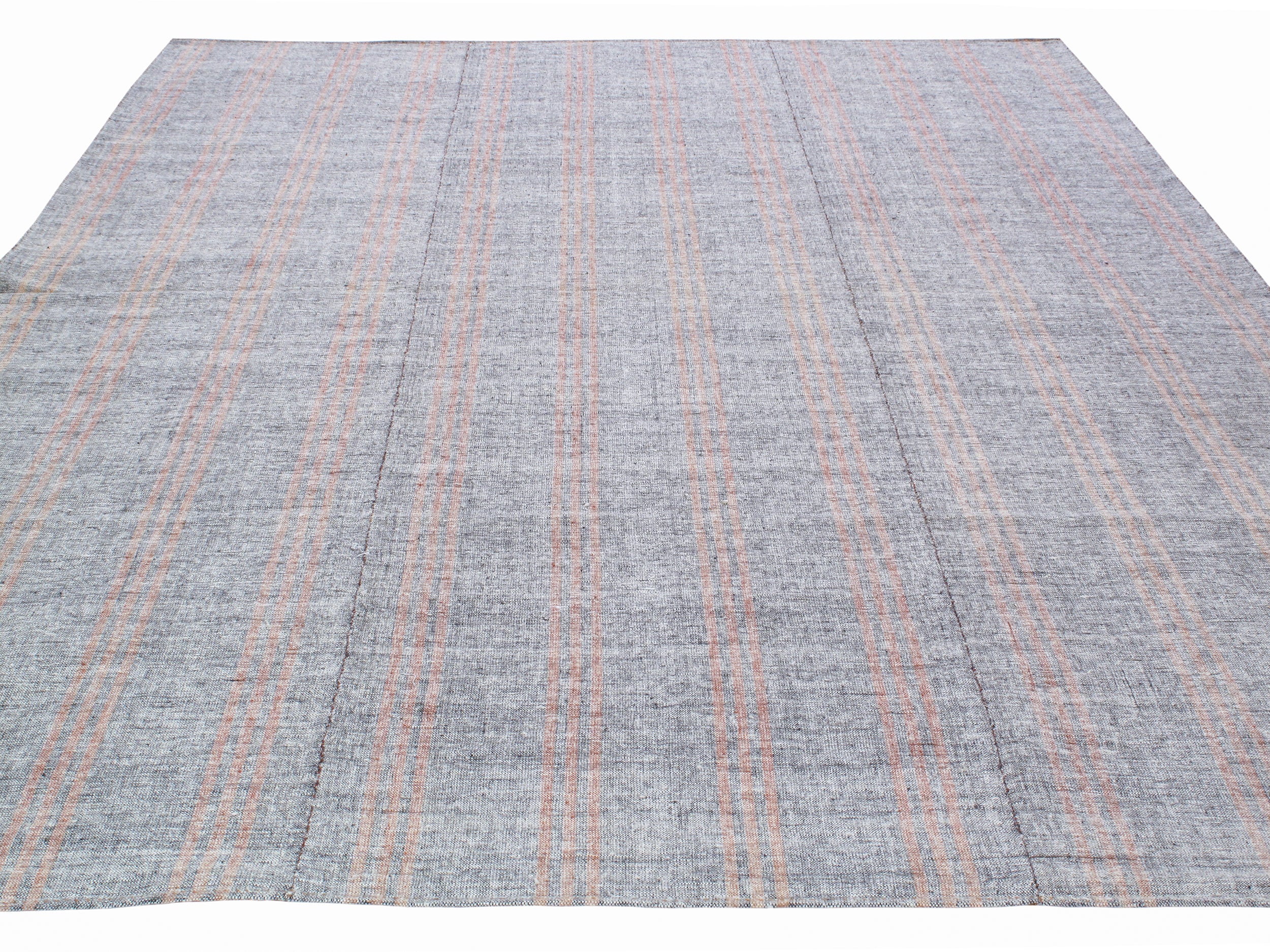 Gray Flatweave Rug with Red and Tan Vertical Stripes