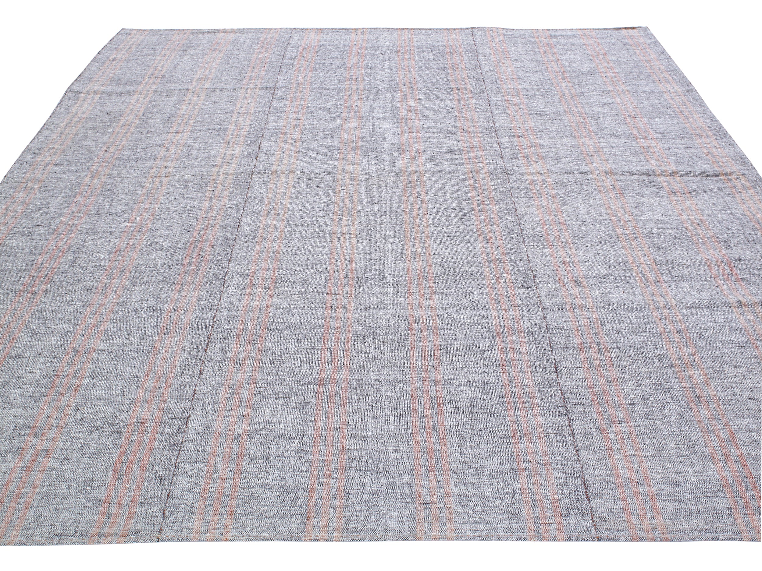 Gray Flatweave Rug with Red and Tan Vertical Stripes