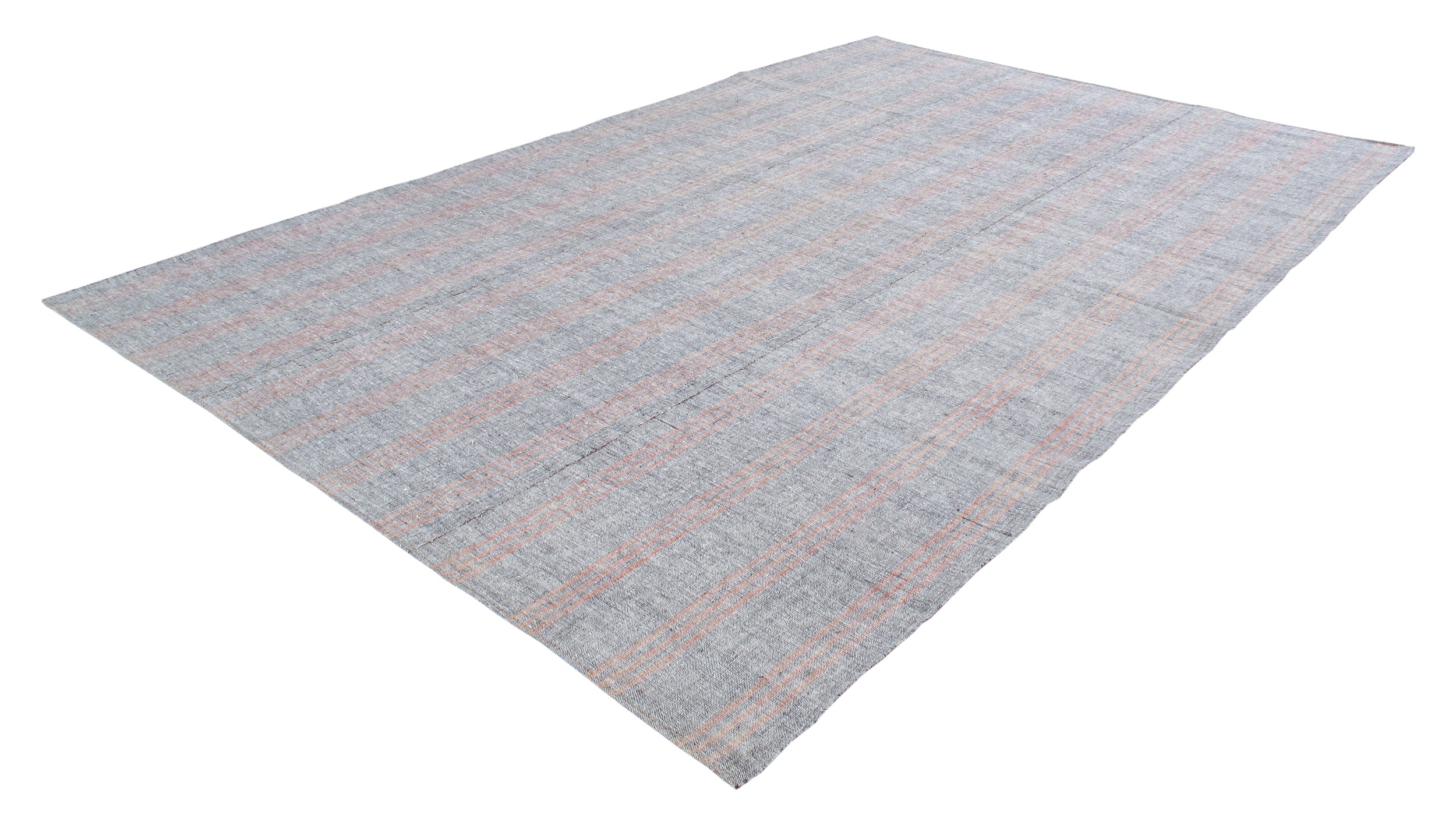 Gray Flatweave Rug with Red and Tan Vertical Stripes