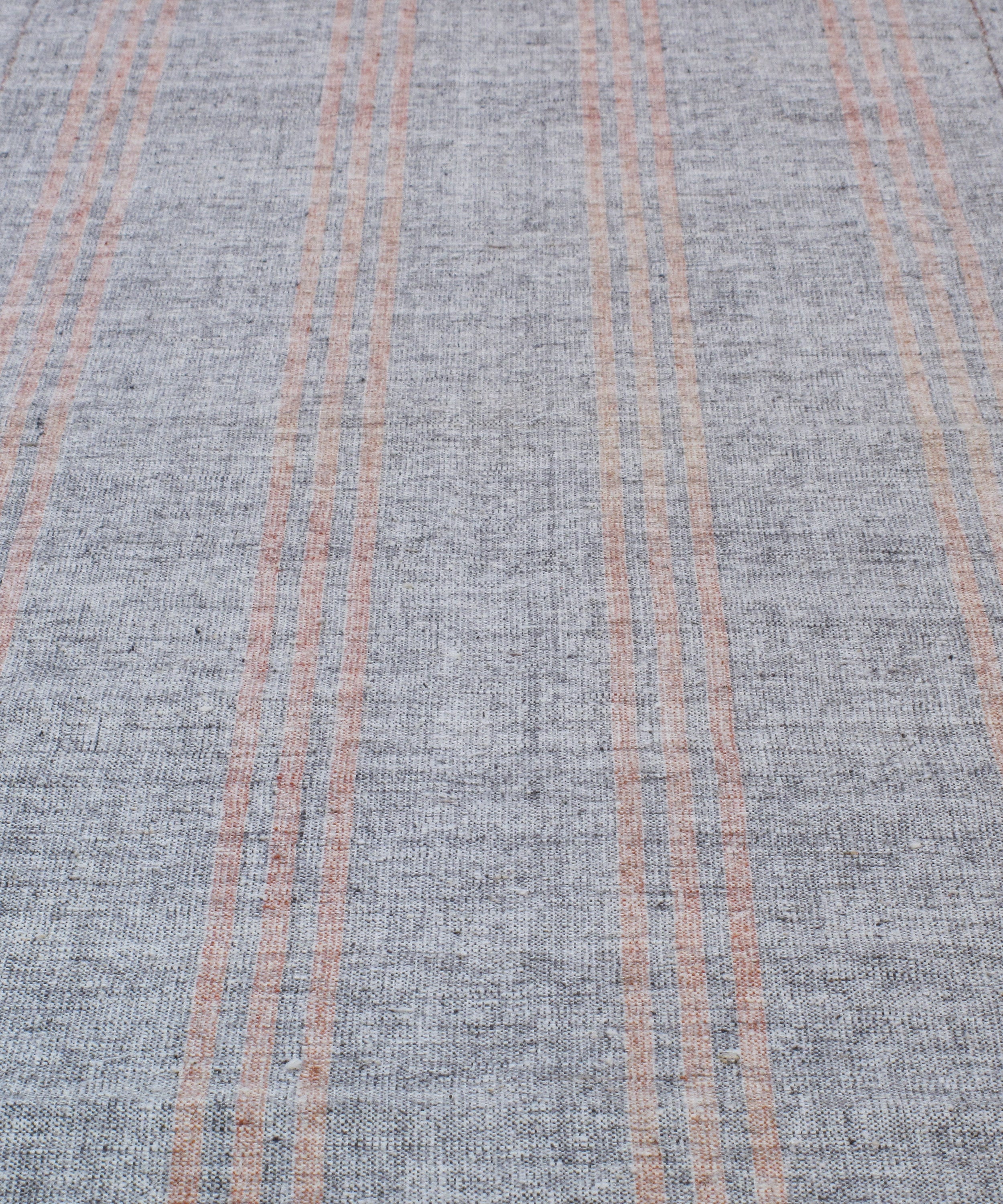 Gray Flatweave Rug with Red and Tan Vertical Stripes