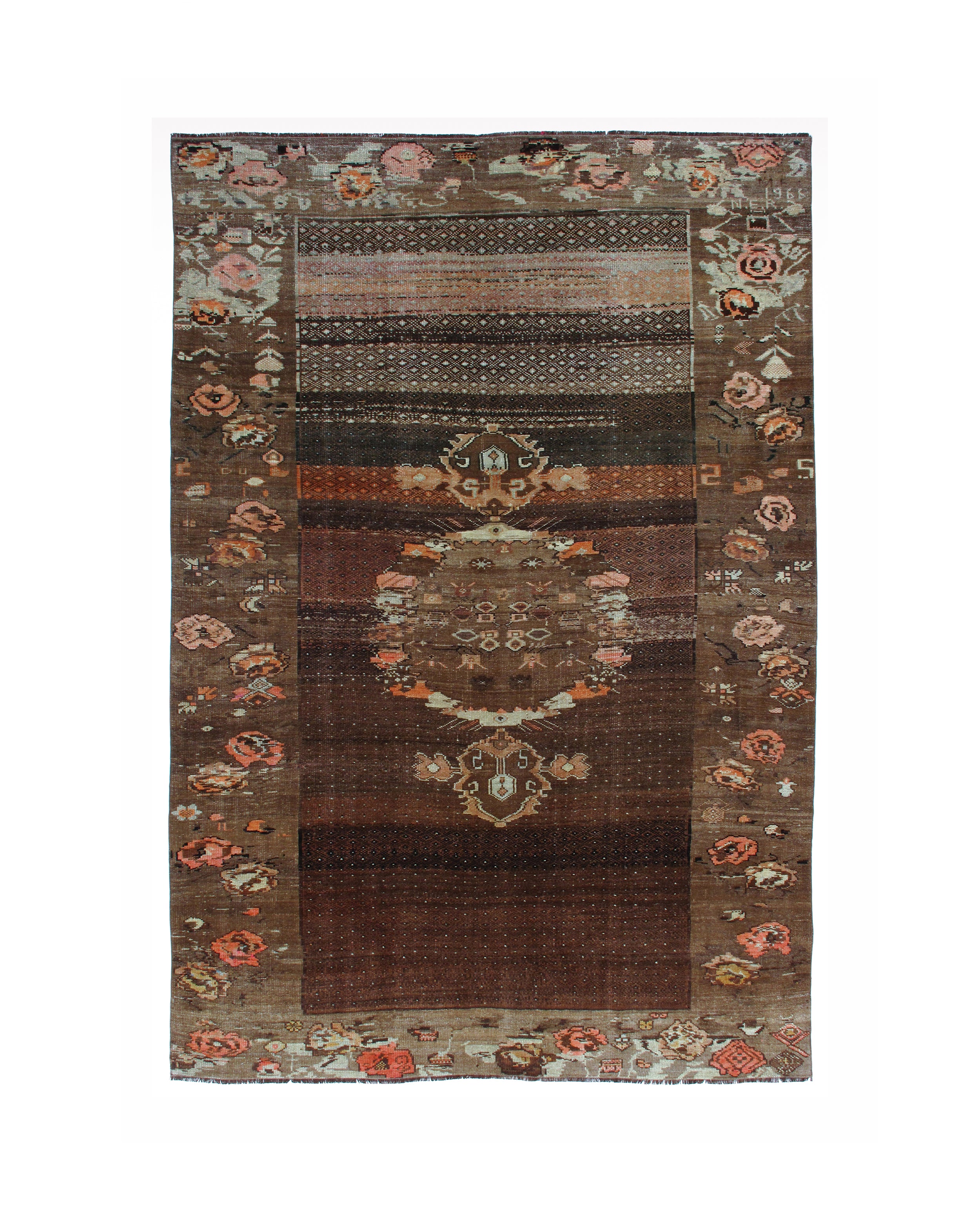 Antique-Inspired Brown Flatweave Rug with Floral Medallion Border