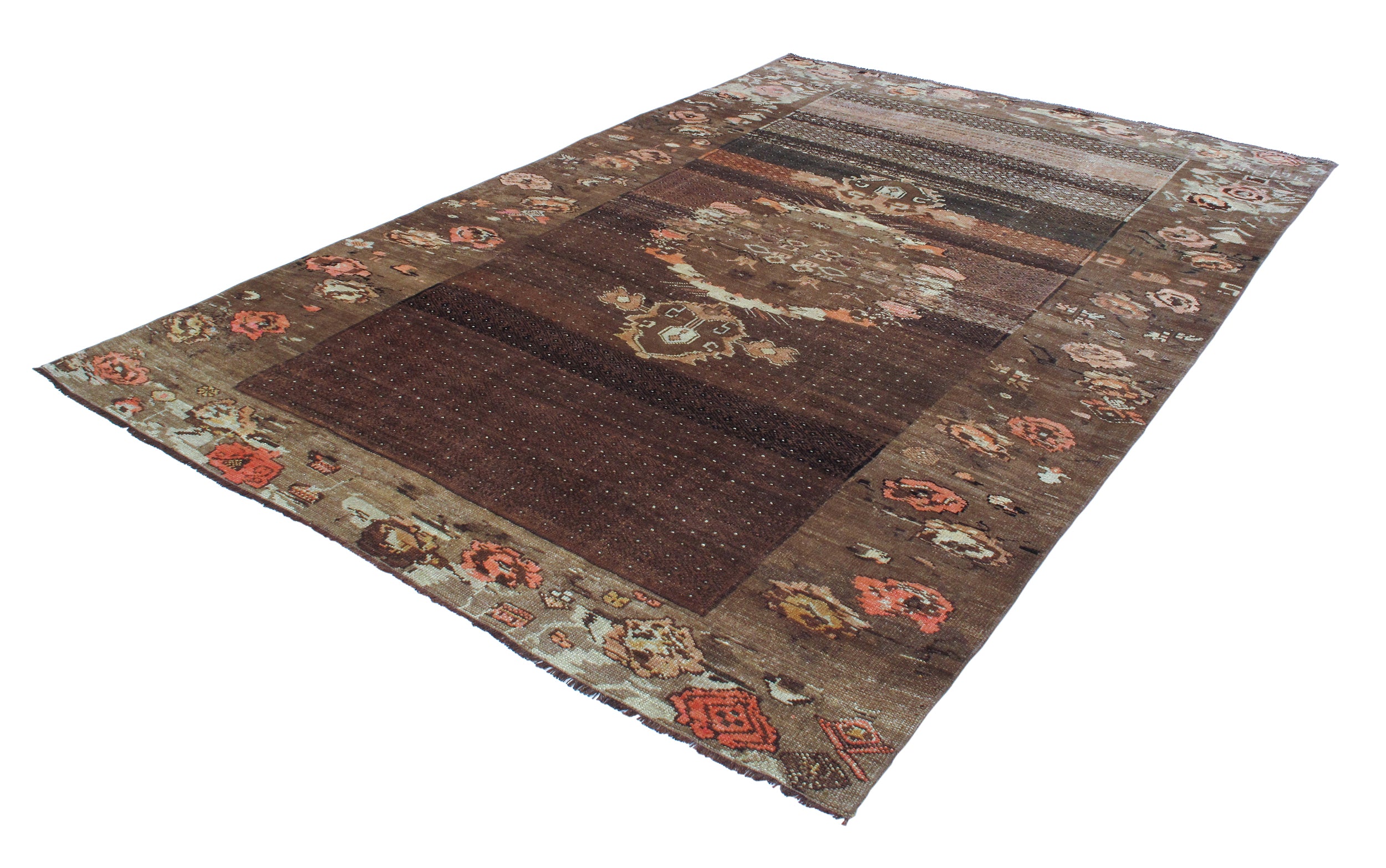Antique-Inspired Brown Flatweave Rug with Floral Medallion Border