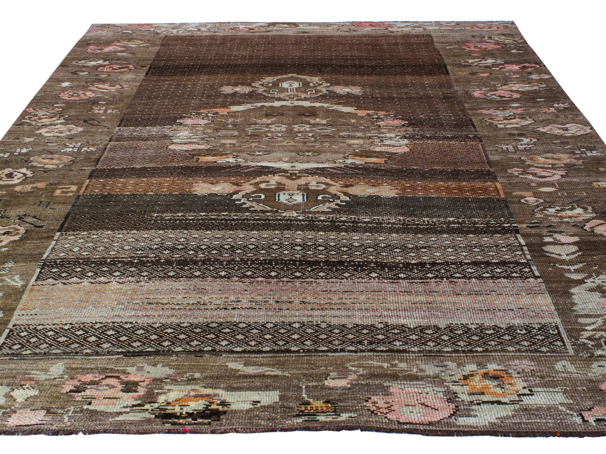 Antique-Inspired Brown Flatweave Rug with Floral Medallion Border