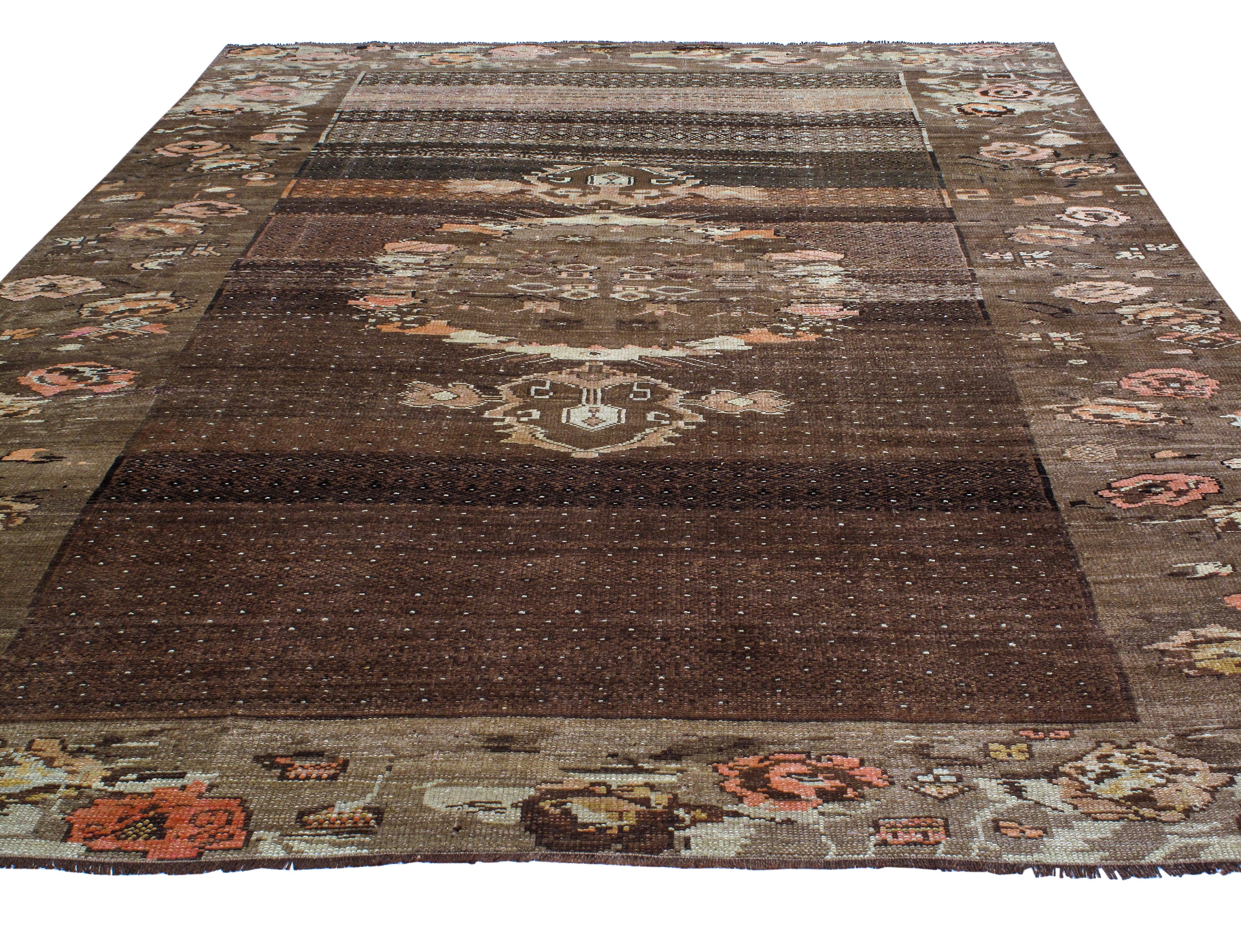 Antique-Inspired Brown Flatweave Rug with Floral Medallion Border