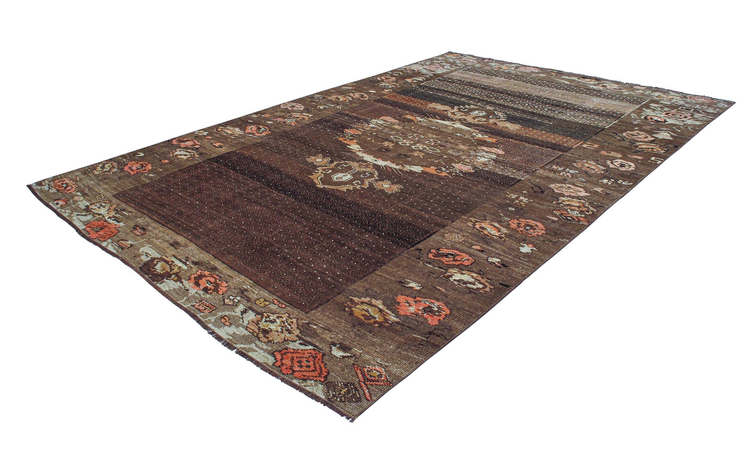 Antique-Inspired Brown Flatweave Rug with Floral Medallion Border