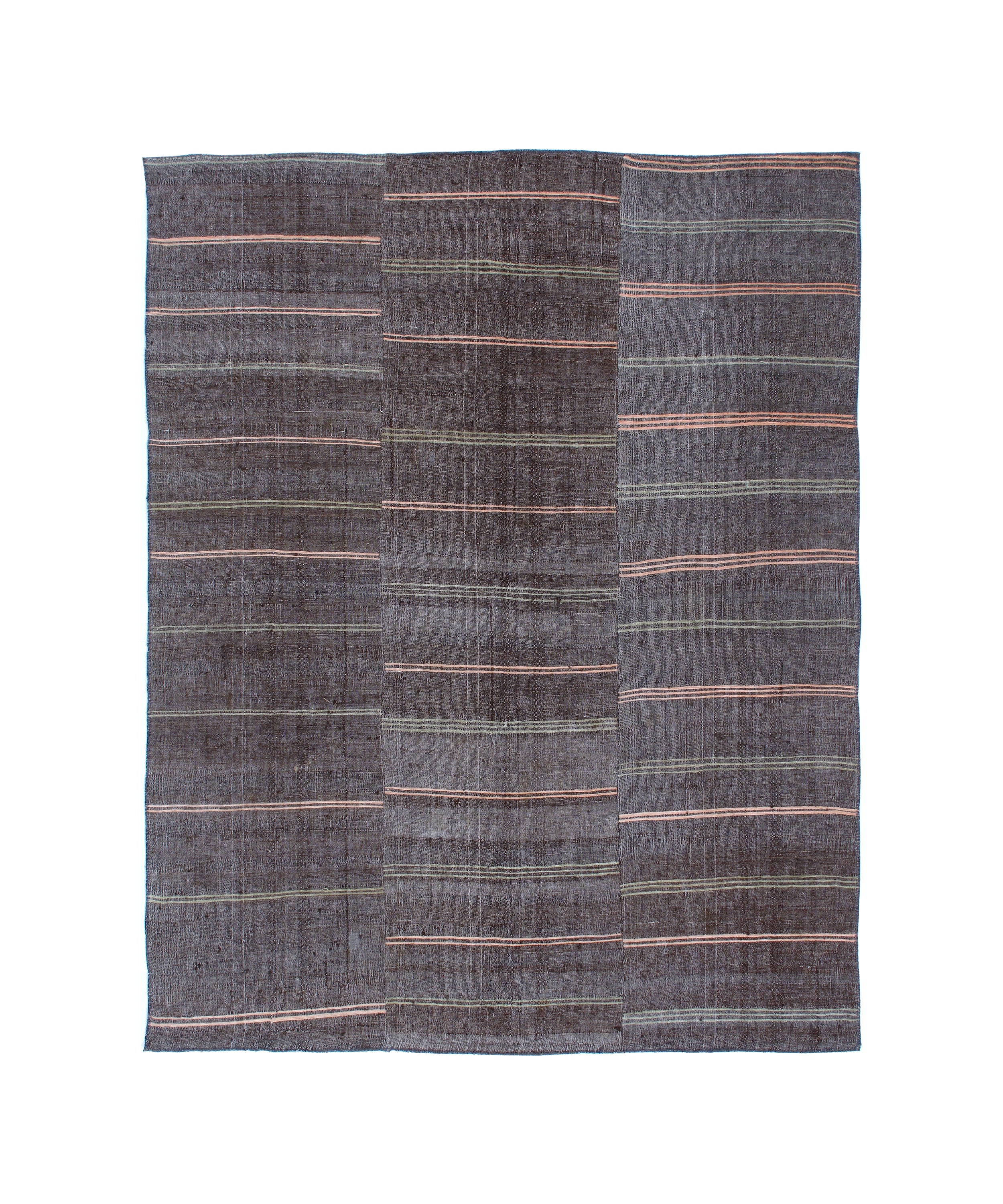 Dark Brown Flatweave Rug with Muted Pink and Olive Stripes