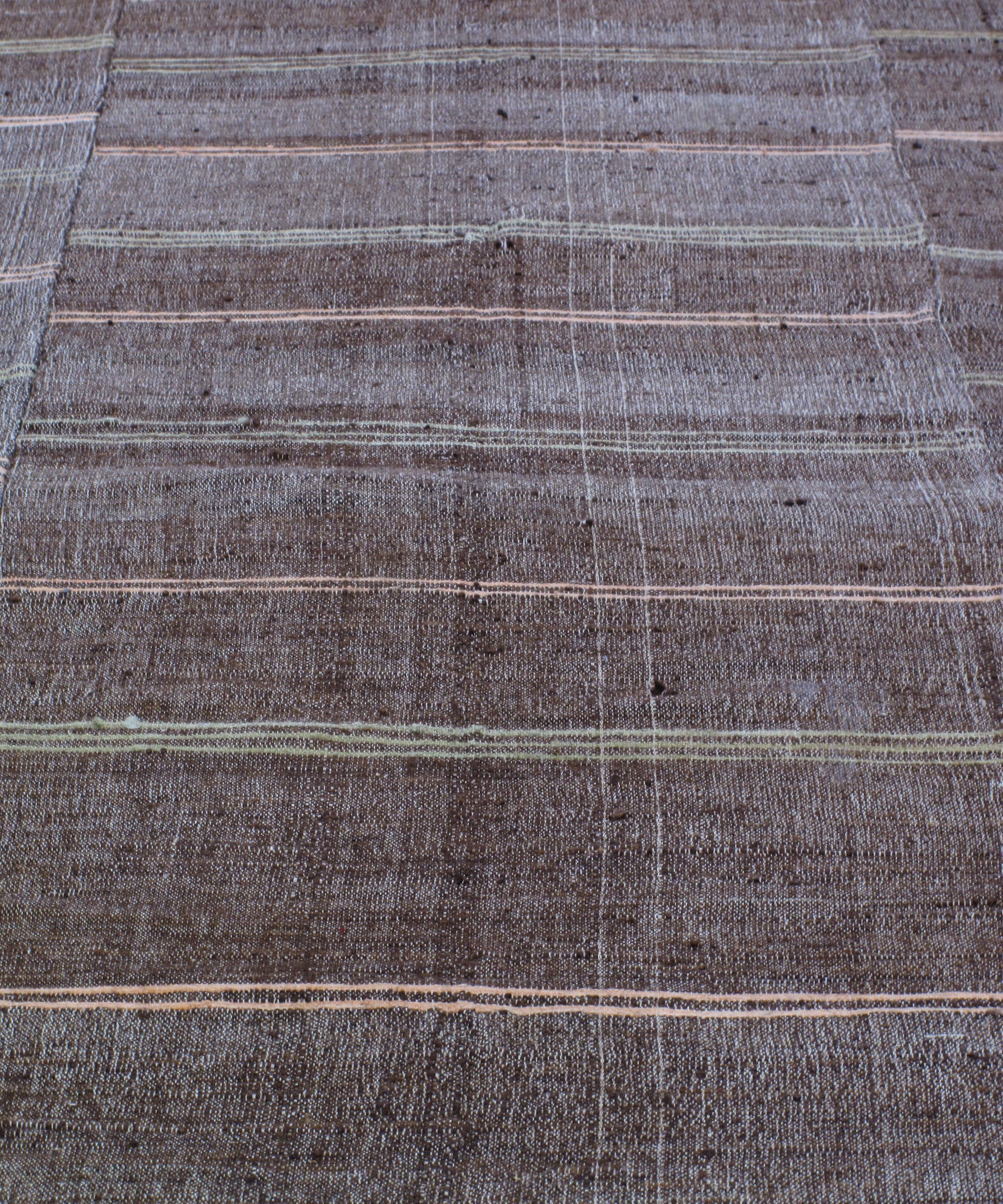Dark Brown Flatweave Rug with Muted Pink and Olive Stripes