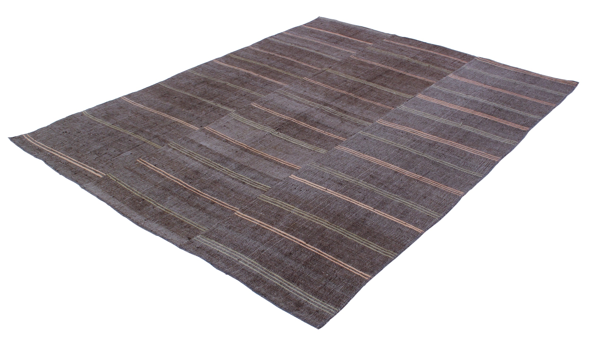 Dark Brown Flatweave Rug with Muted Pink and Olive Stripes