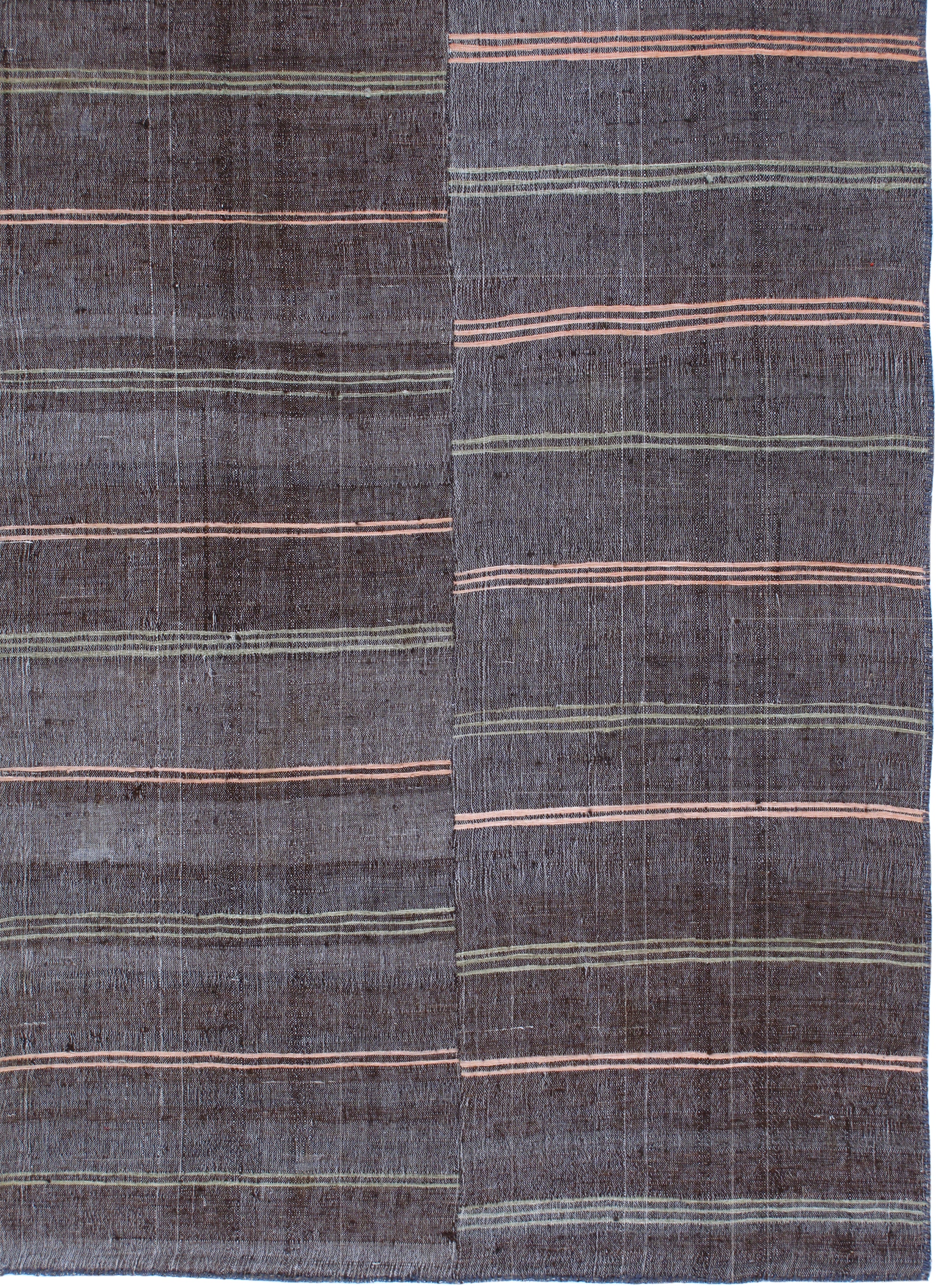 Dark Brown Flatweave Rug with Muted Pink and Olive Stripes