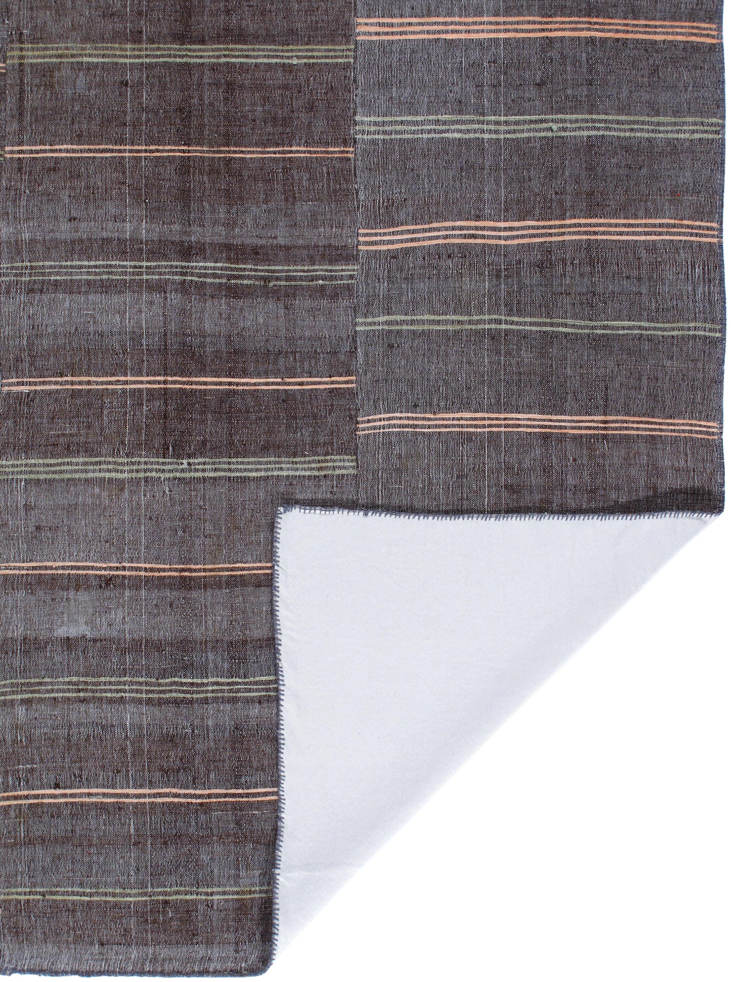 Dark Brown Flatweave Rug with Muted Pink and Olive Stripes