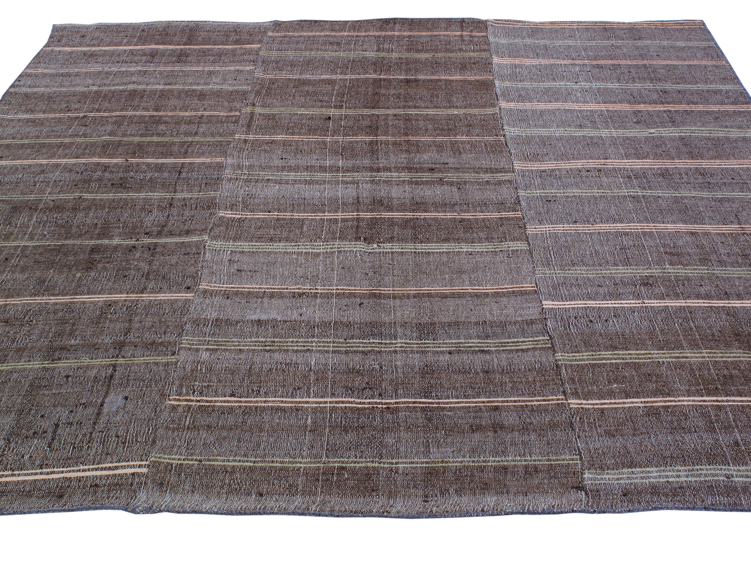Dark Brown Flatweave Rug with Muted Pink and Olive Stripes
