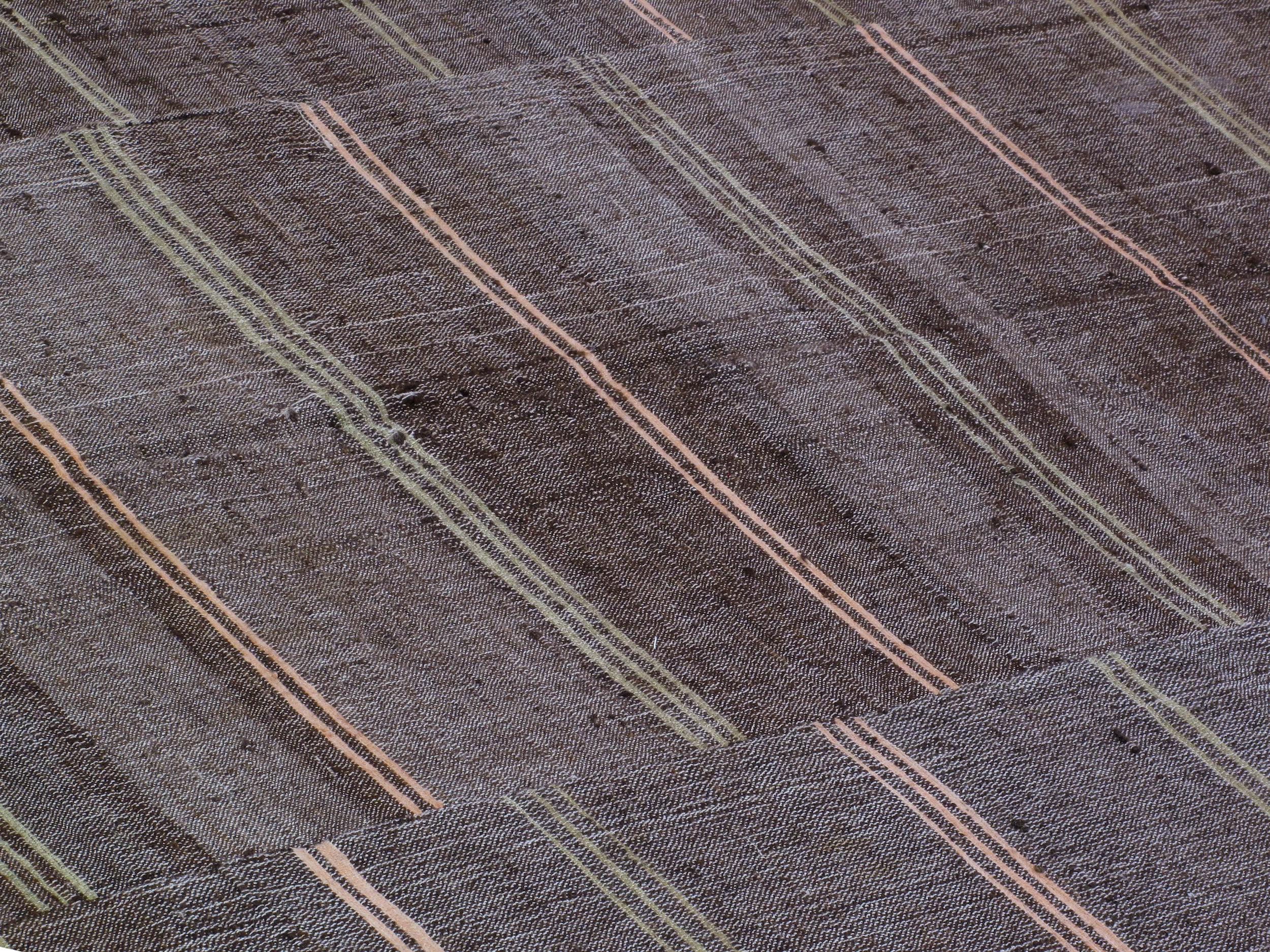 Dark Brown Flatweave Rug with Muted Pink and Olive Stripes
