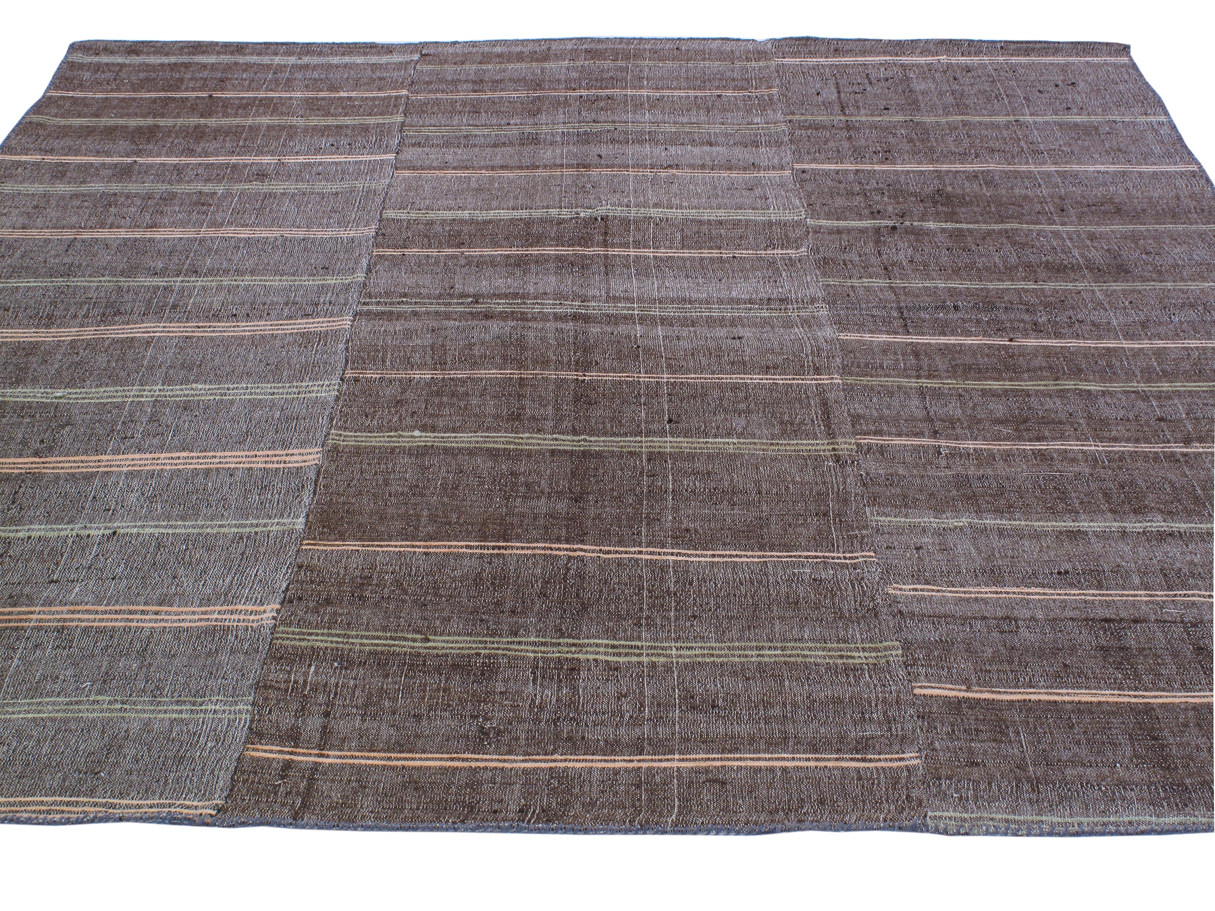 Dark Brown Flatweave Rug with Muted Pink and Olive Stripes