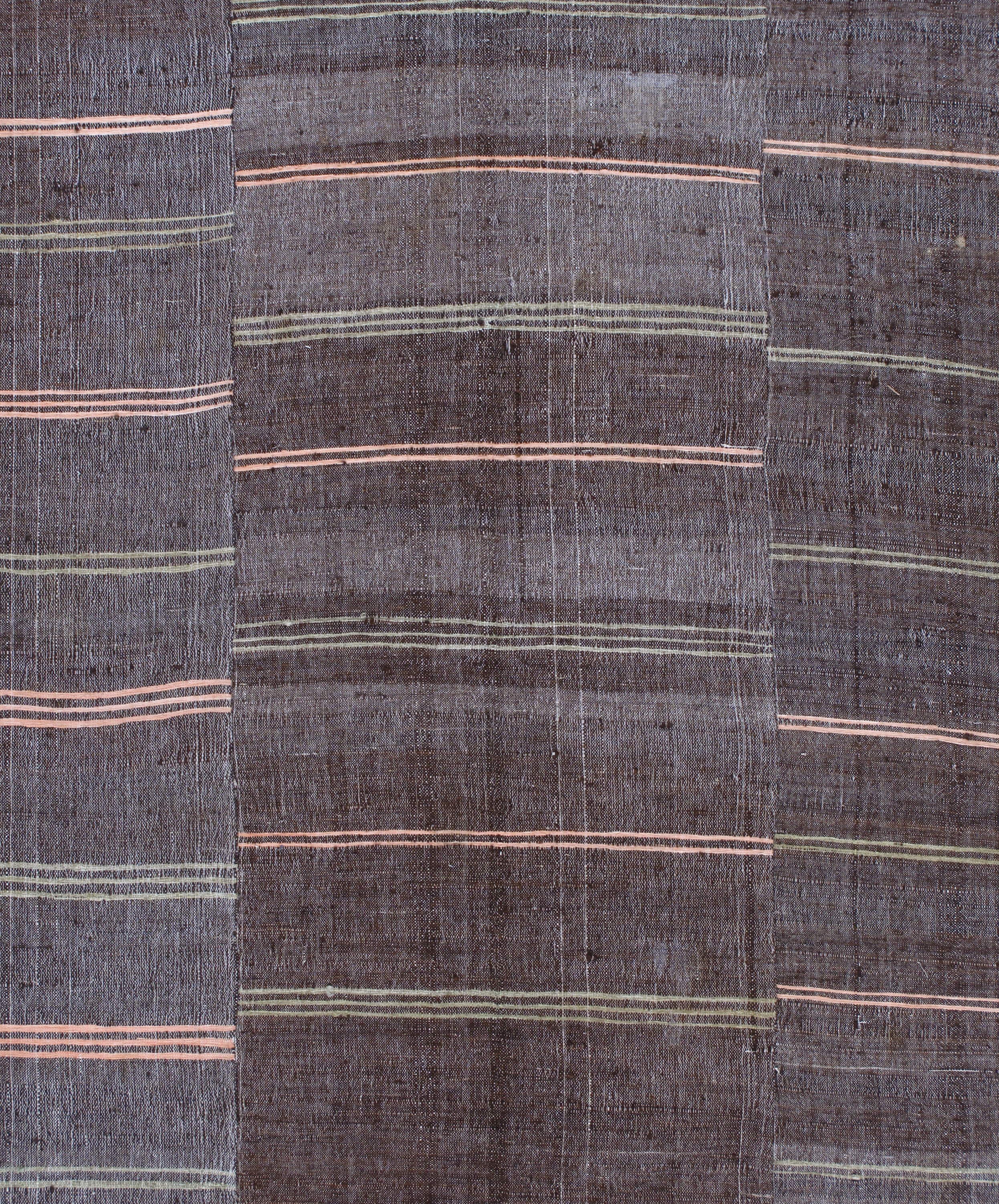 Dark Brown Flatweave Rug with Muted Pink and Olive Stripes