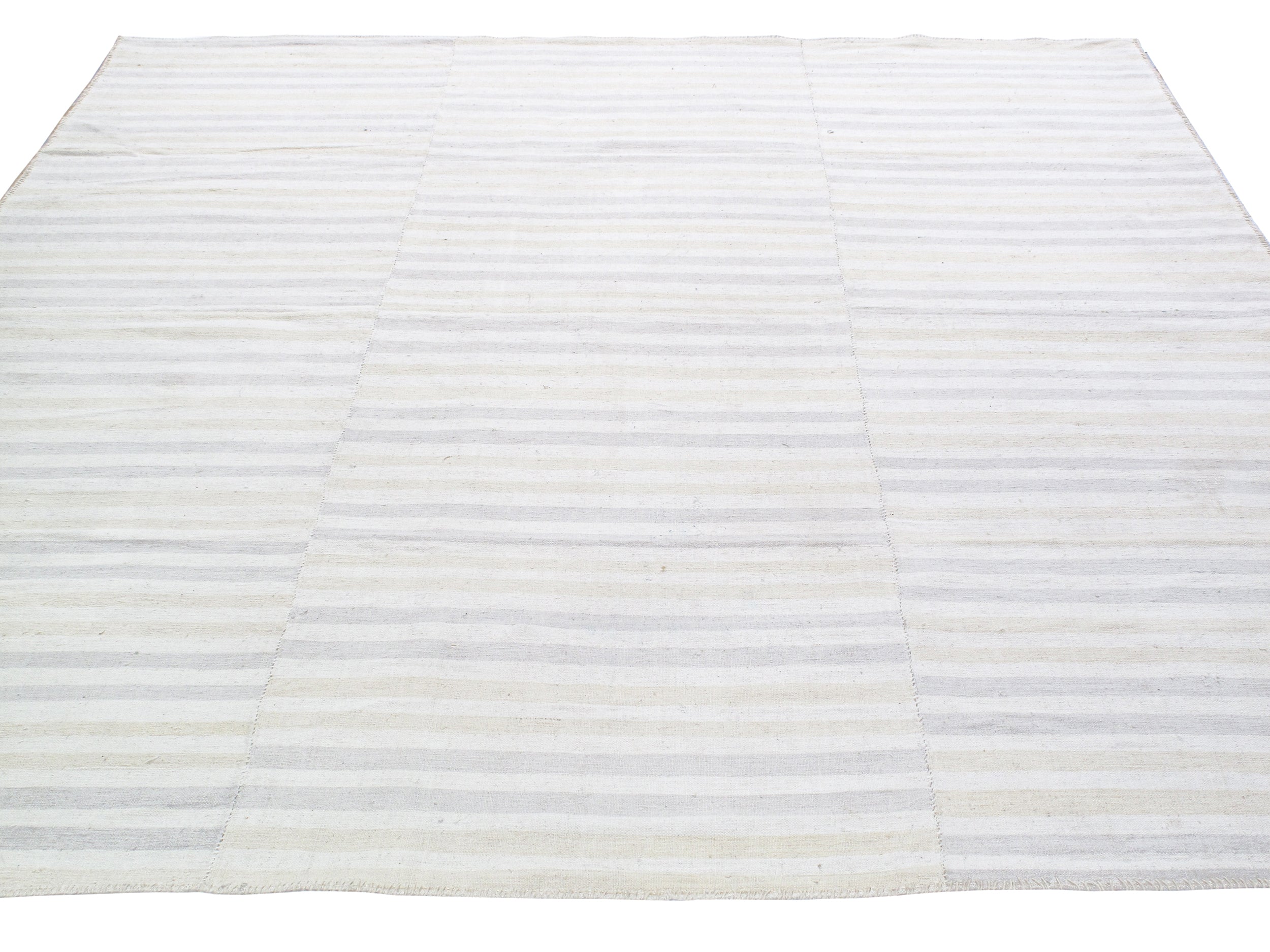 Ivory Flatweave Rug with Subtle Cream and Gray Horizontal Stripes