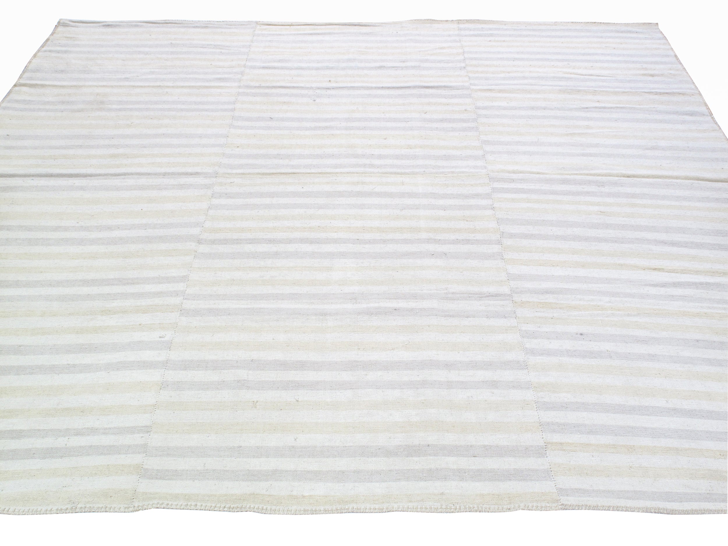 Ivory Flatweave Rug with Subtle Cream and Gray Horizontal Stripes