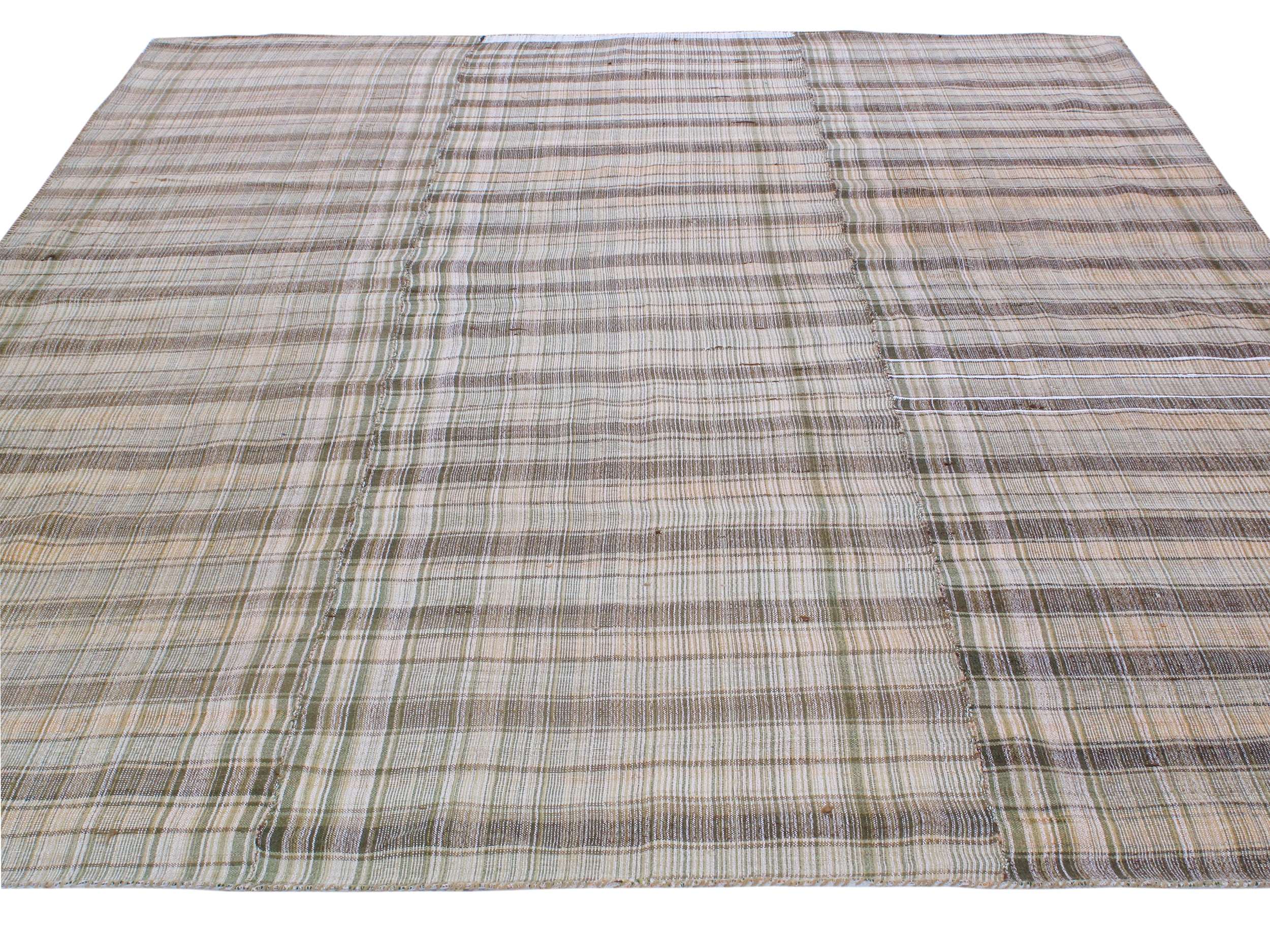 Neutral Flatweave Rug with Organic Plaid Stripe Pattern