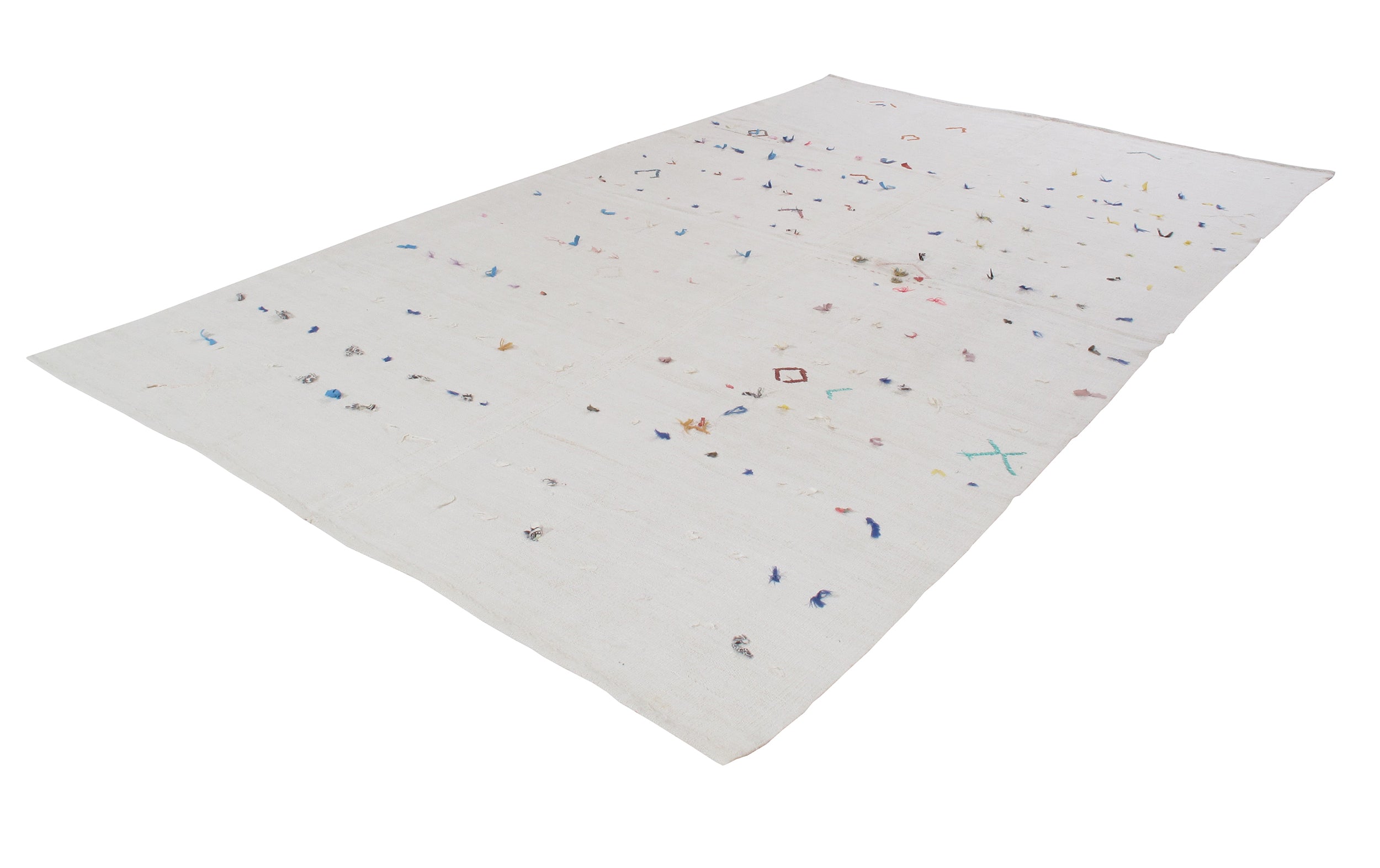 Ivory Flatweave Rug with Multicolor Tribal Embroidered Accents