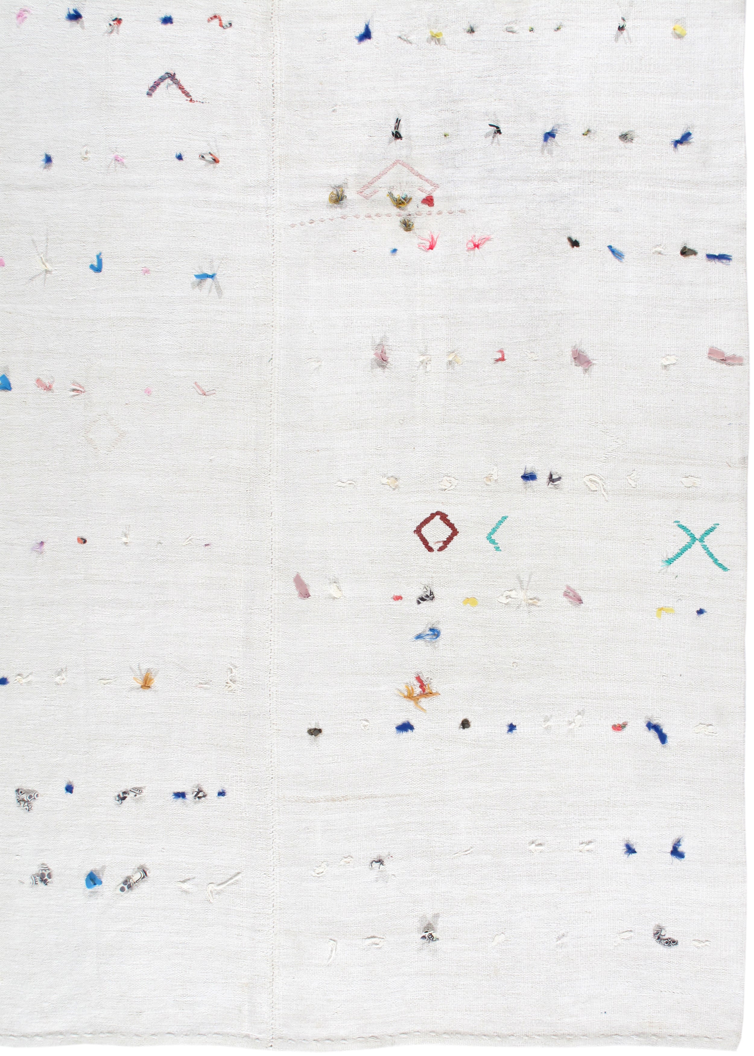 Ivory Flatweave Rug with Multicolor Tribal Embroidered Accents