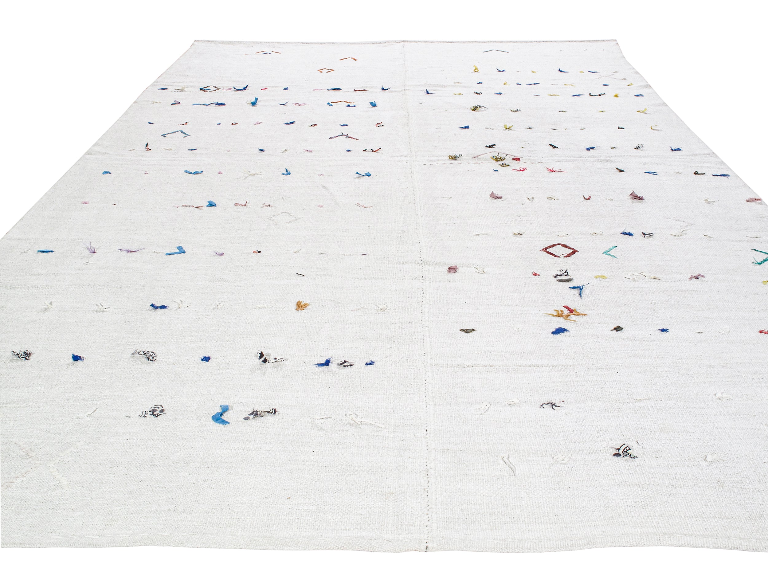 Ivory Flatweave Rug with Multicolor Tribal Embroidered Accents