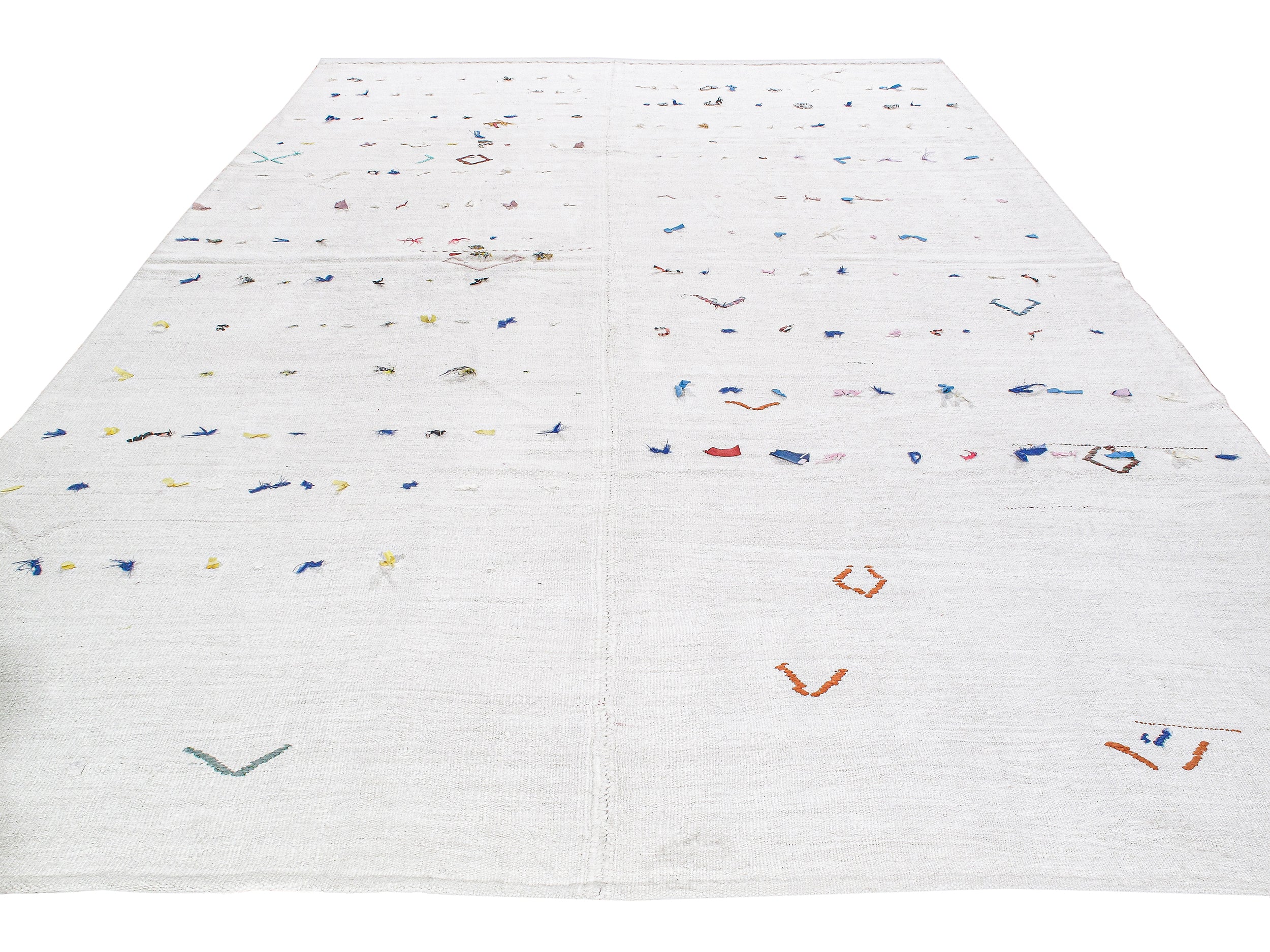 Ivory Flatweave Rug with Multicolor Tribal Embroidered Accents