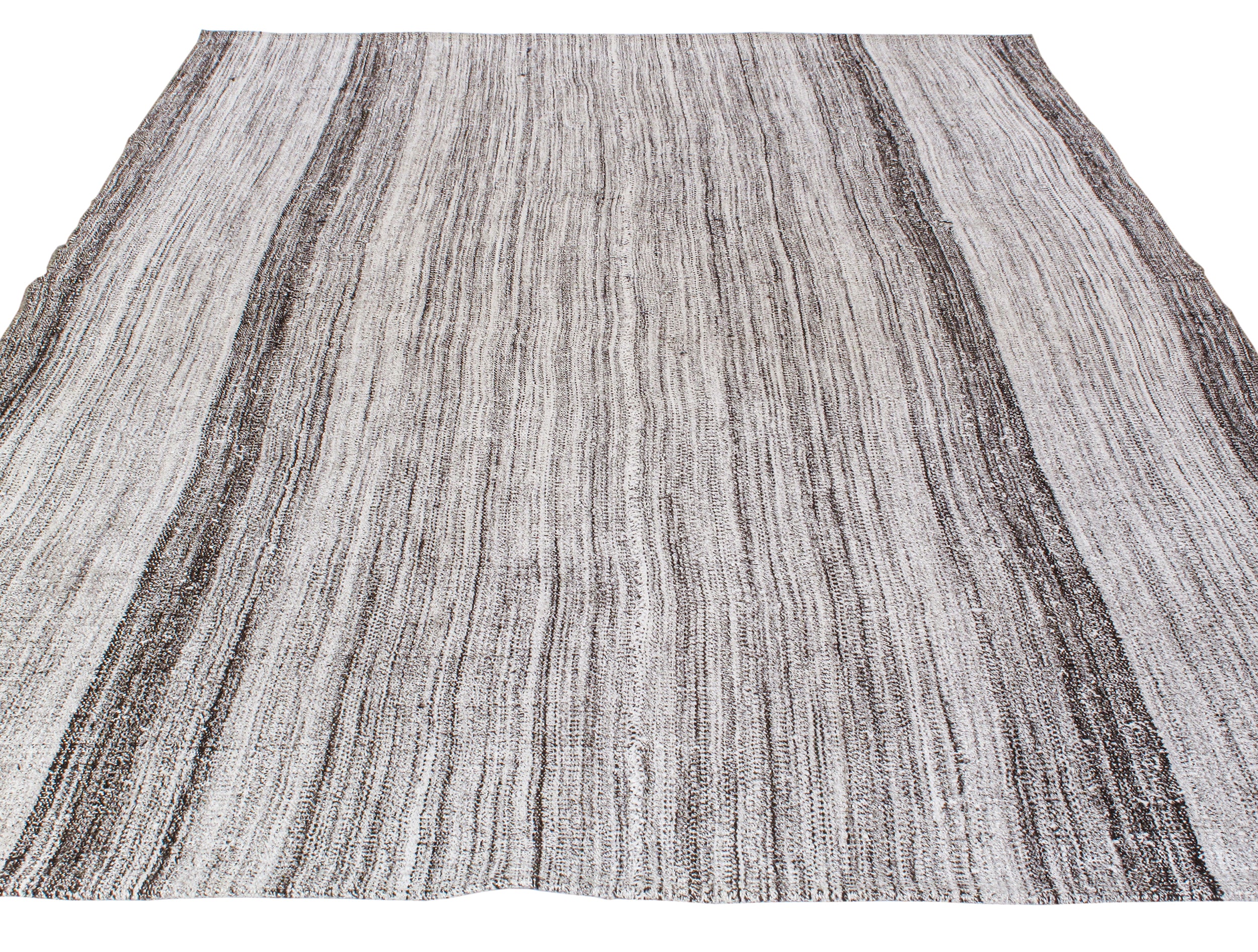 Ivory and Charcoal Flatweave Rug with Bold Vertical Stripes