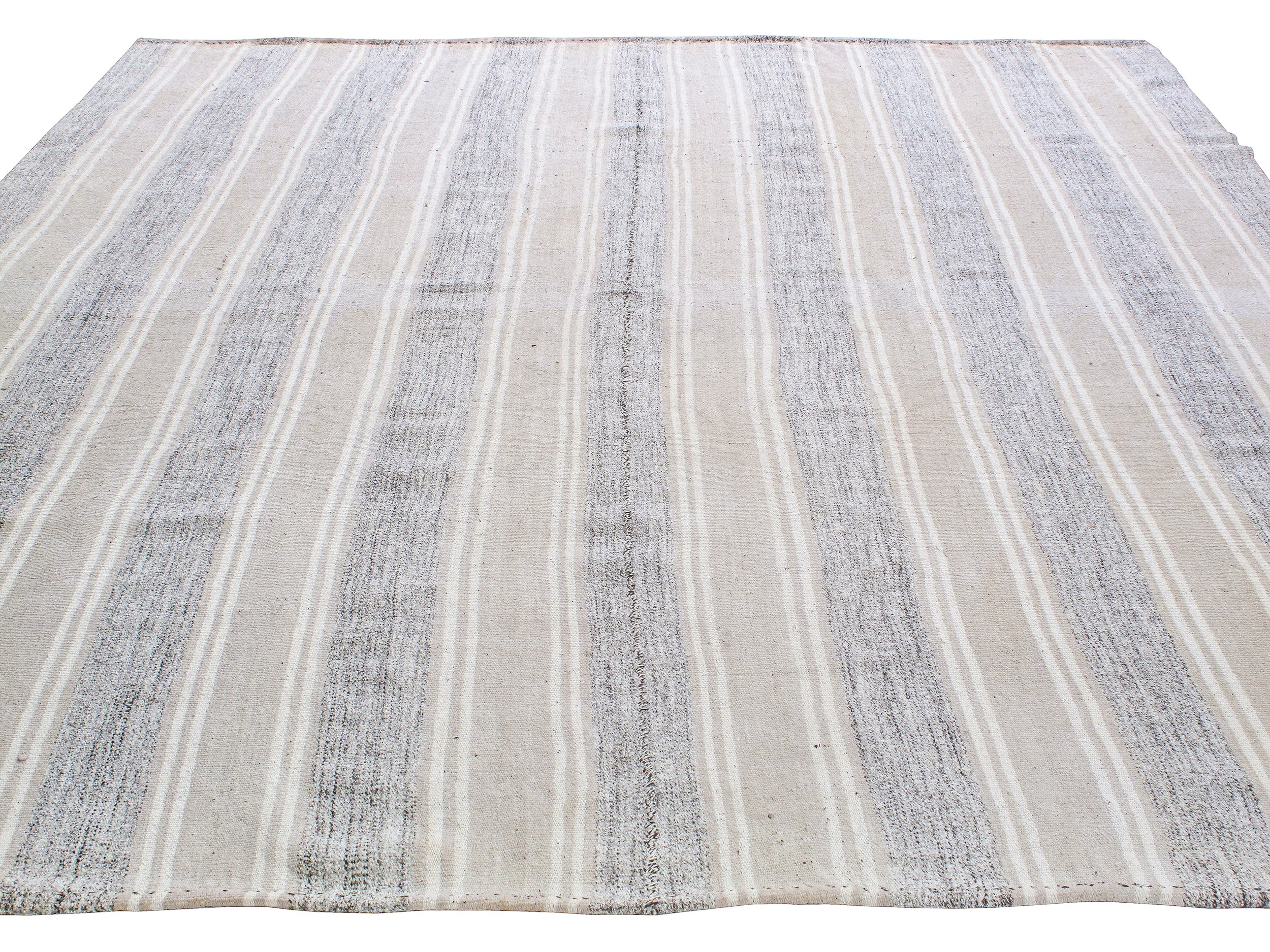 Ivory and Slate Flatweave Rug with Narrow Vertical Stripes