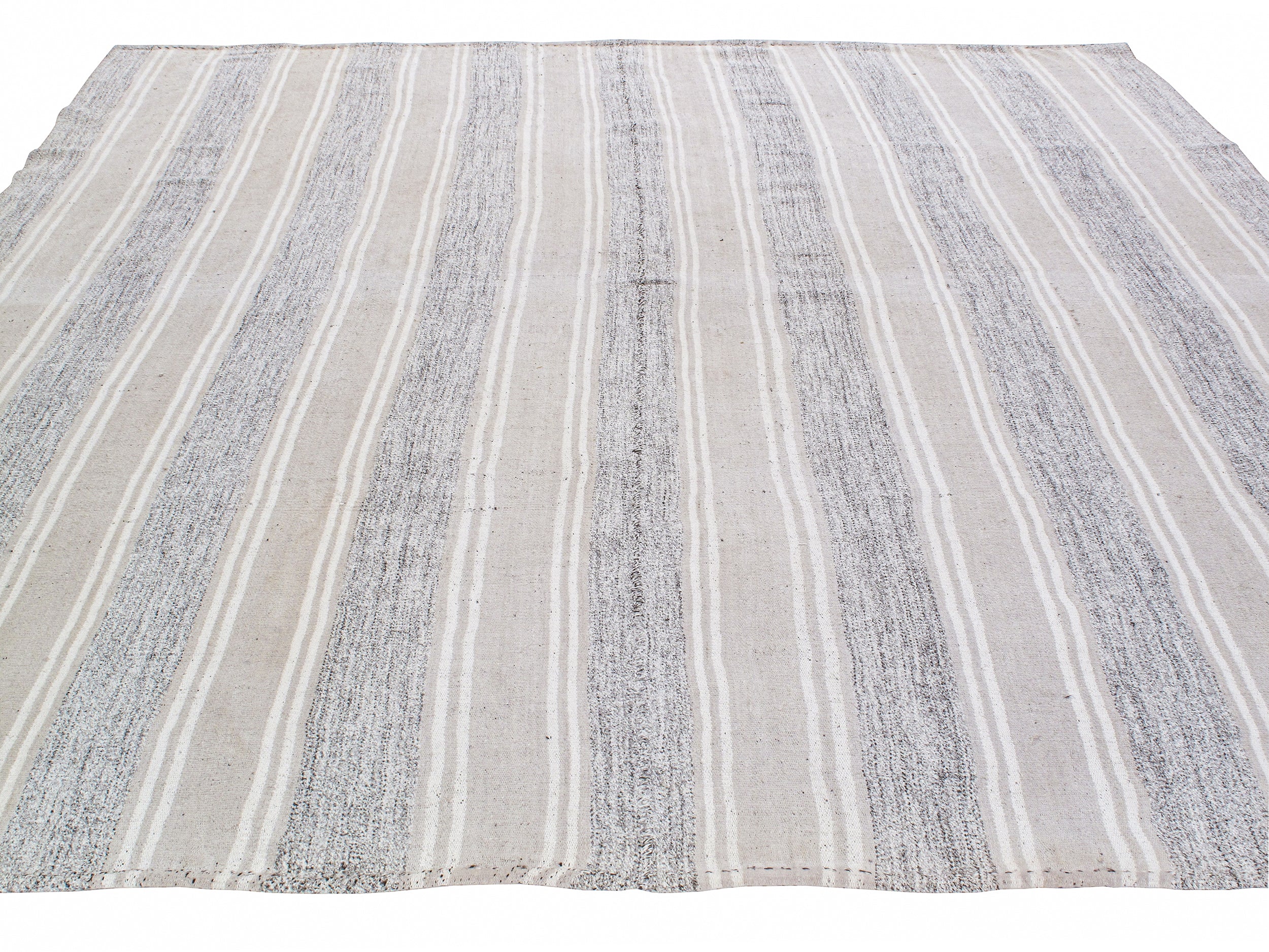 Ivory and Slate Flatweave Rug with Narrow Vertical Stripes