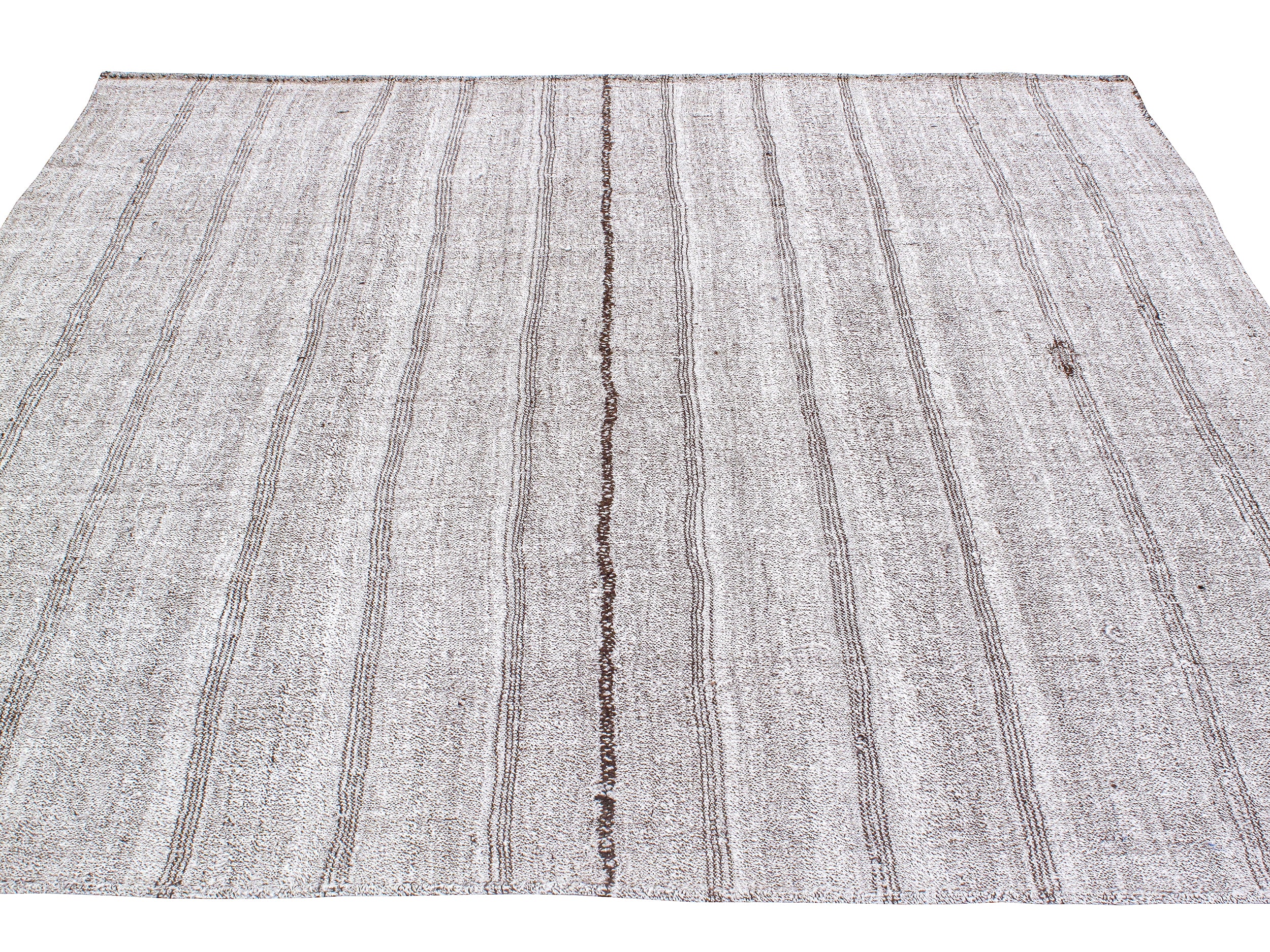 Gray Flatweave Rug with Subtle Brown Vertical Stitch Lines