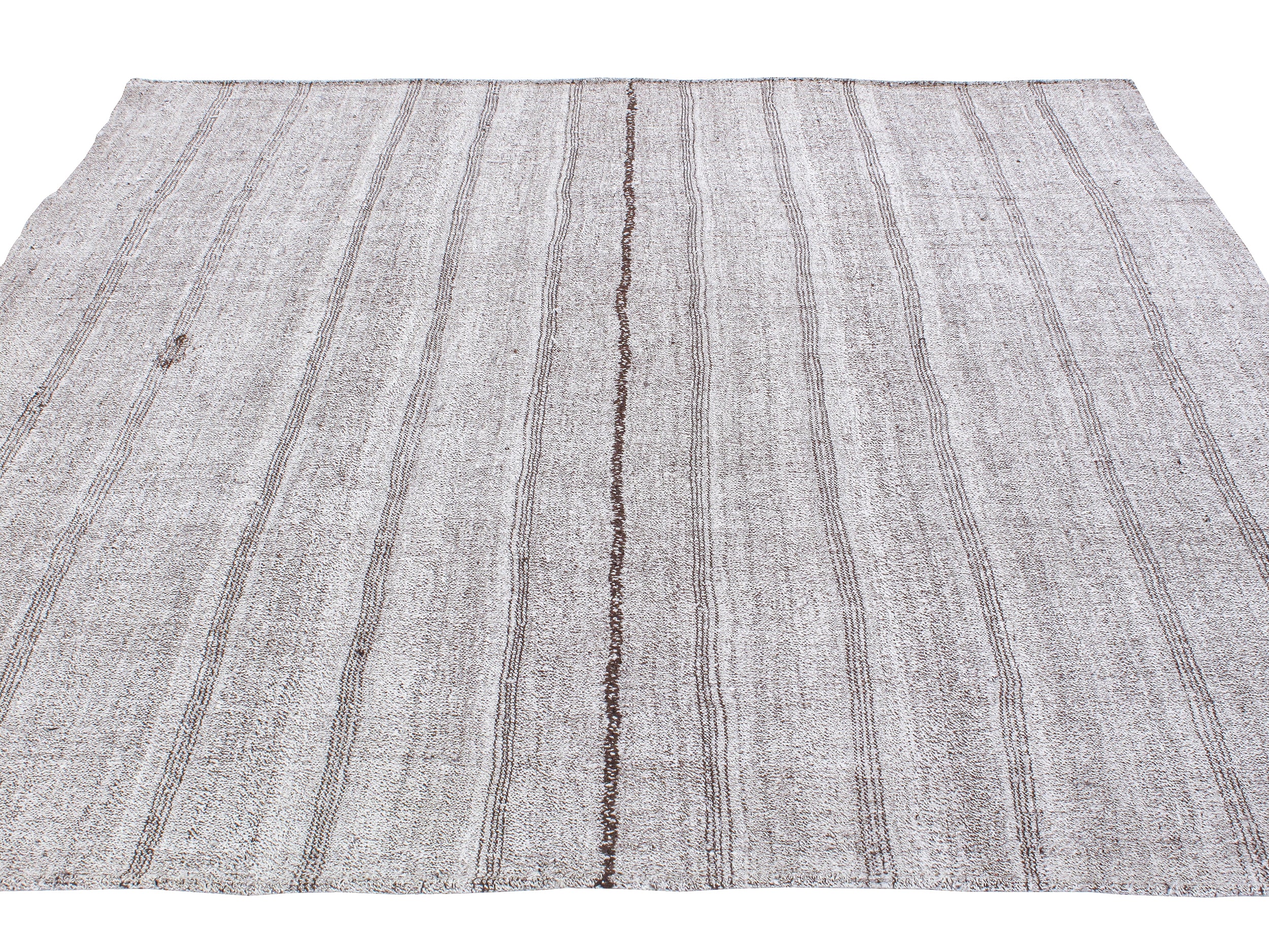 Gray Flatweave Rug with Subtle Brown Vertical Stitch Lines
