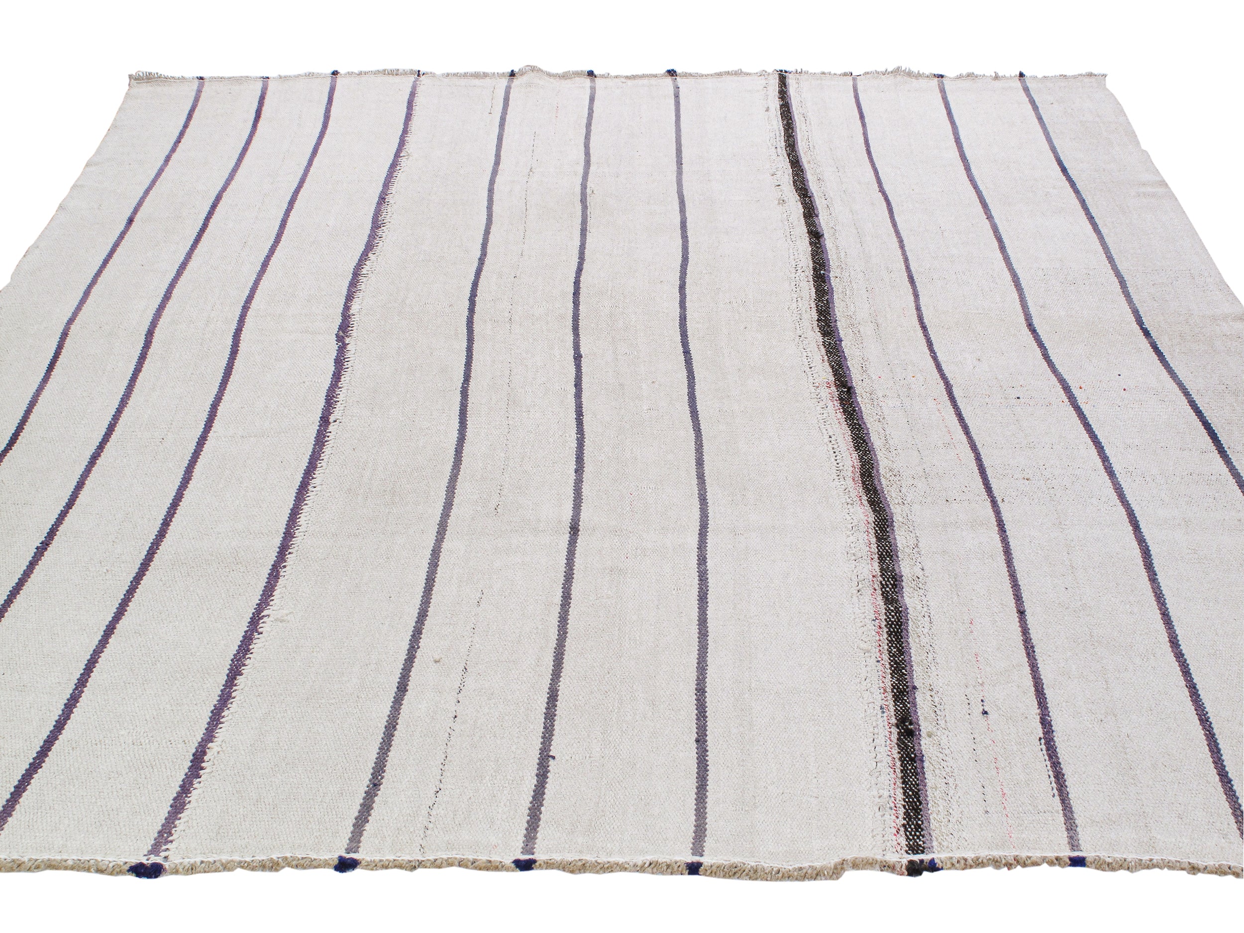 Ivory Flatweave Rug with Indigo and Espresso Stripe Accents