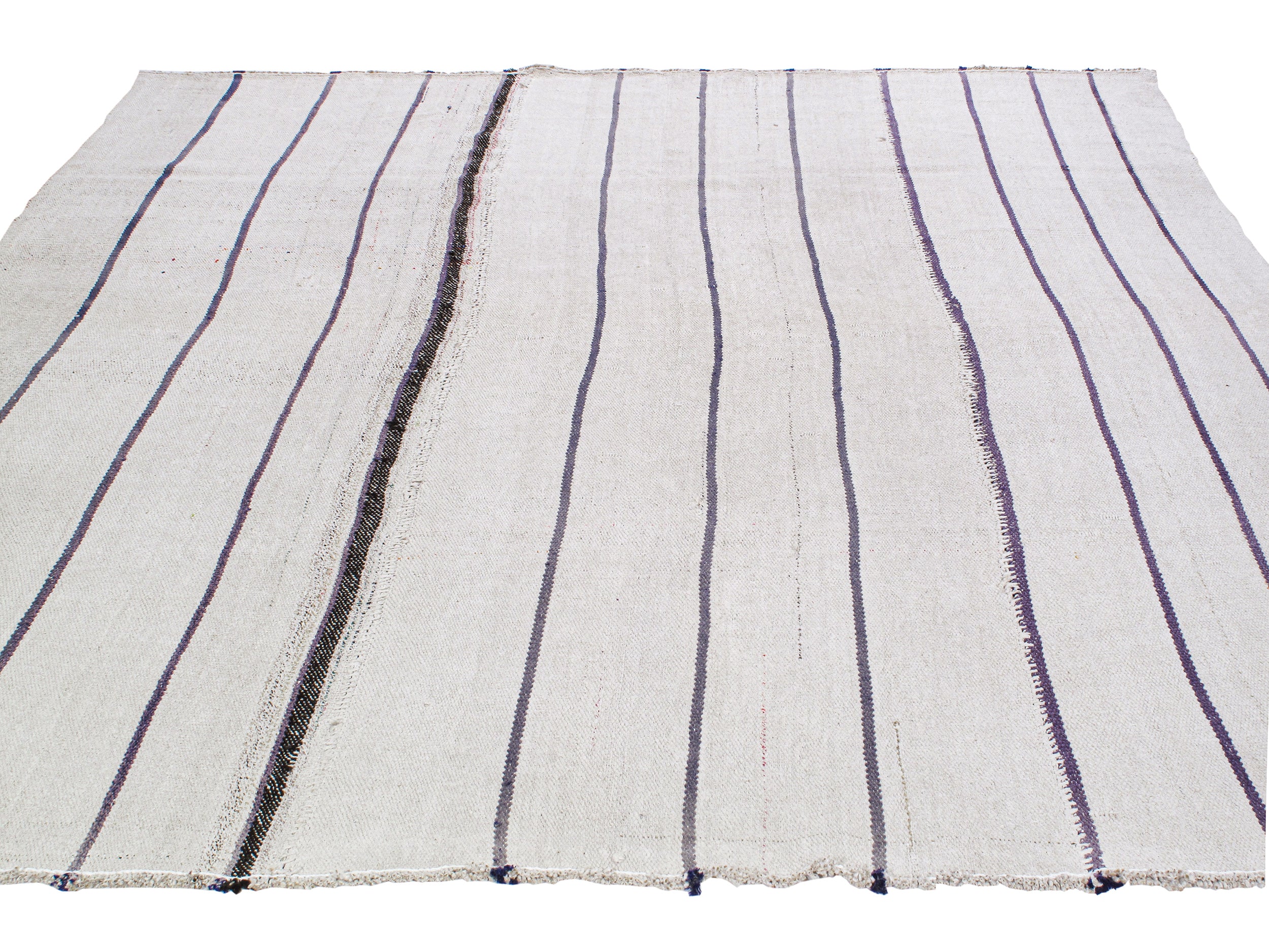 Ivory Flatweave Rug with Indigo and Espresso Stripe Accents