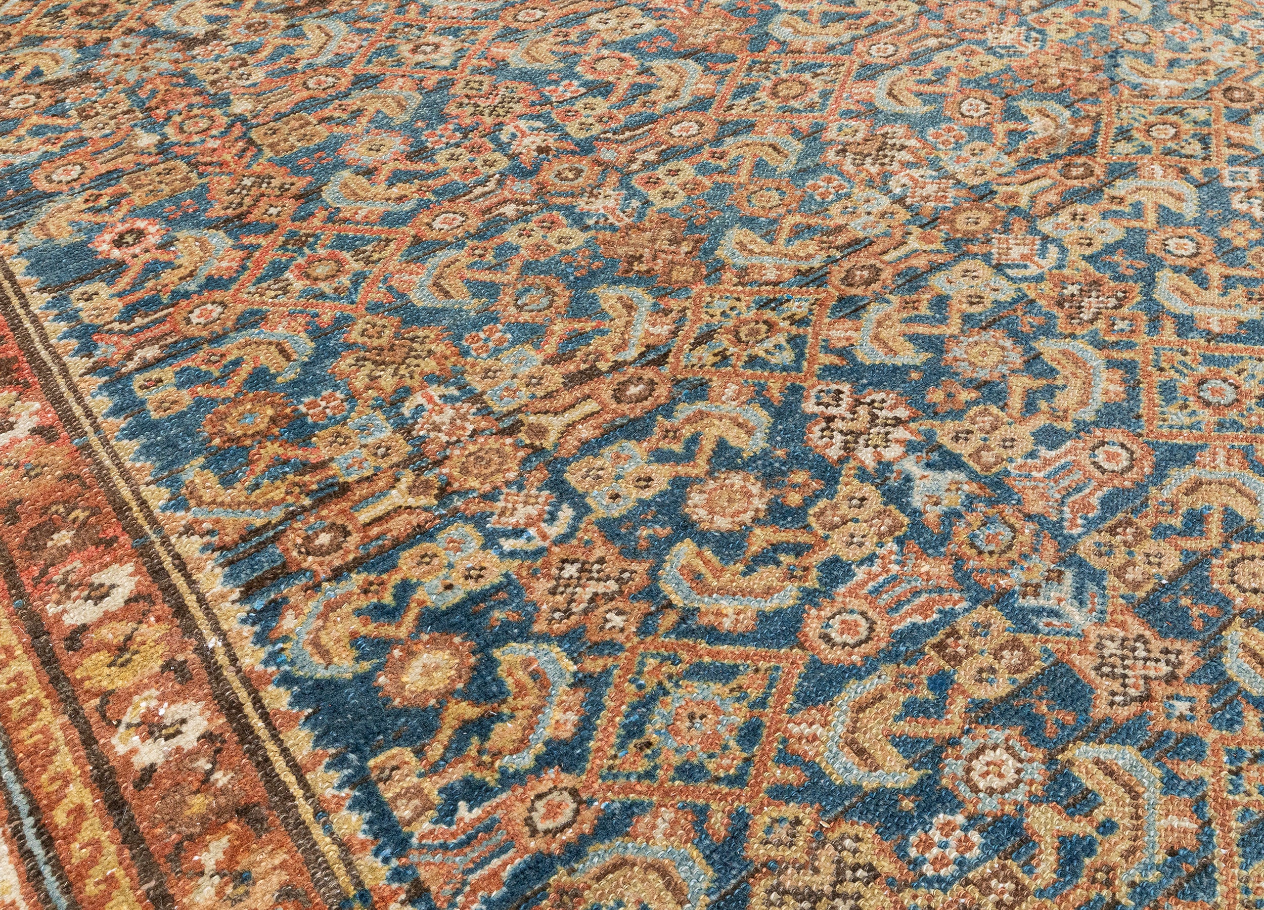 Antique-Style Persian Garden Carpet with Brick Red Border and Blue Field