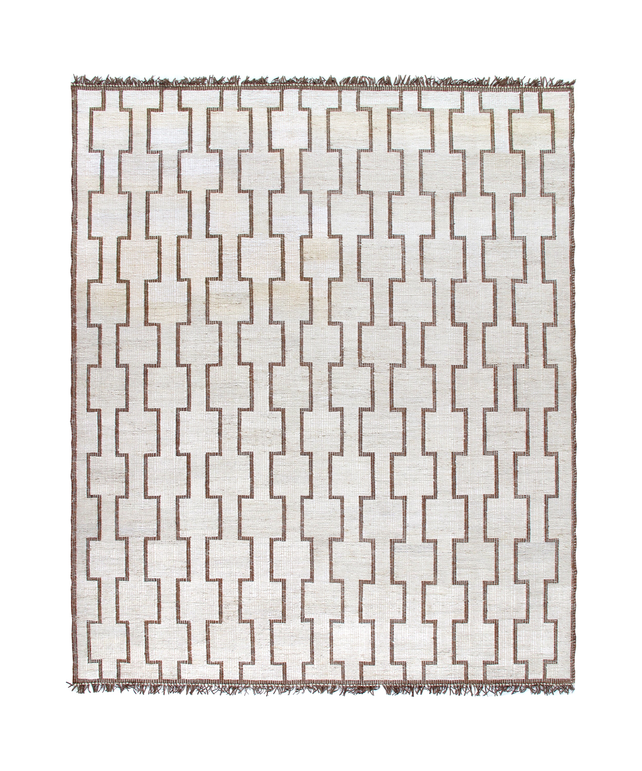 Modern Tribal Flatweave Rug with Linked Block Pattern in Ivory & Brown