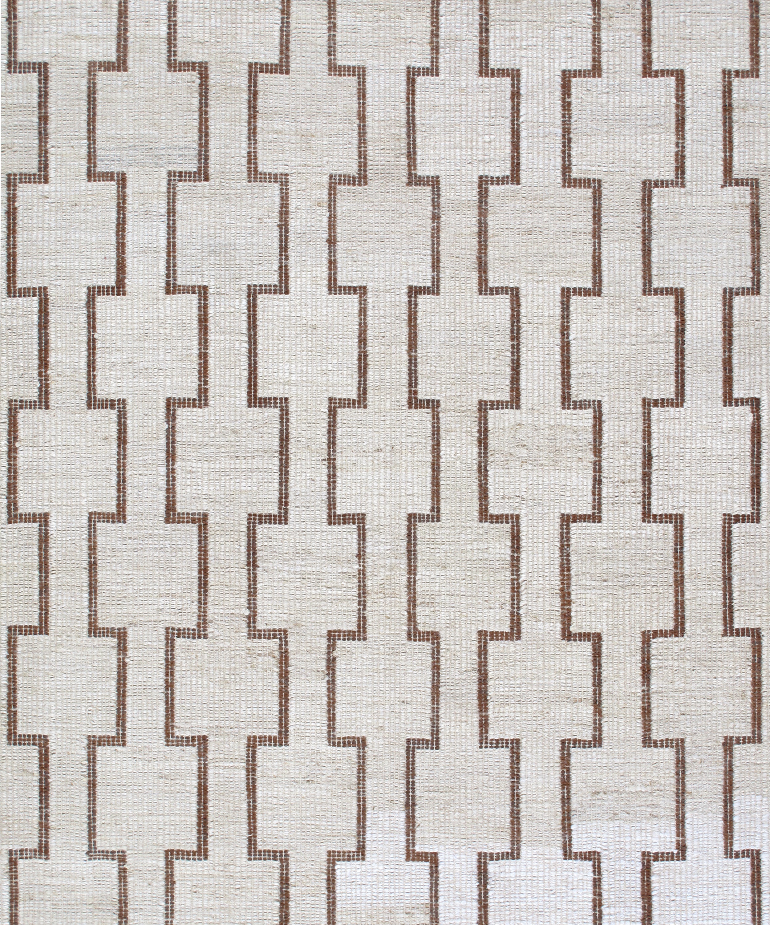 Modern Tribal Flatweave Rug with Linked Block Pattern in Ivory & Brown