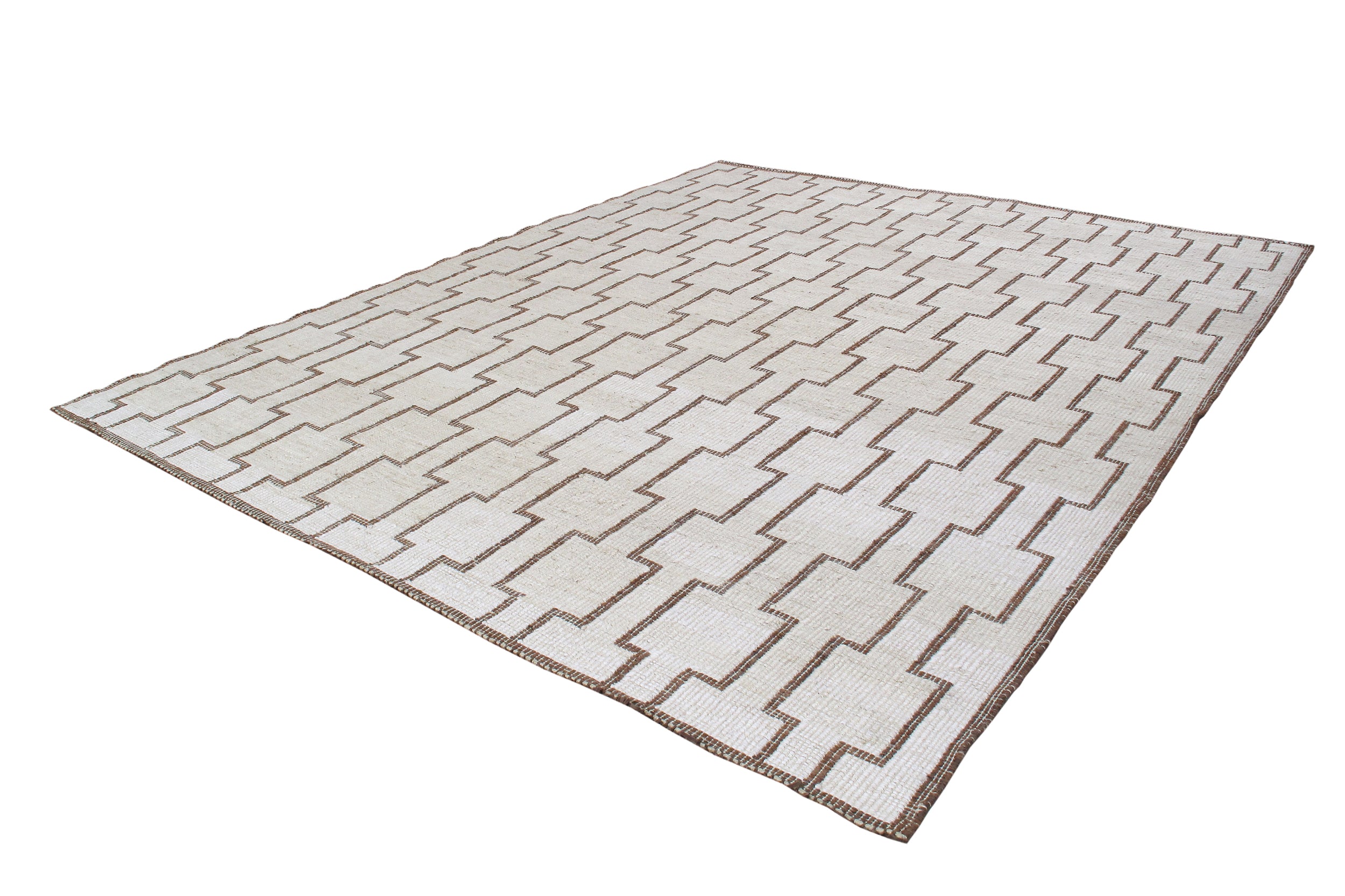 Modern Tribal Flatweave Rug with Linked Block Pattern in Ivory & Brown