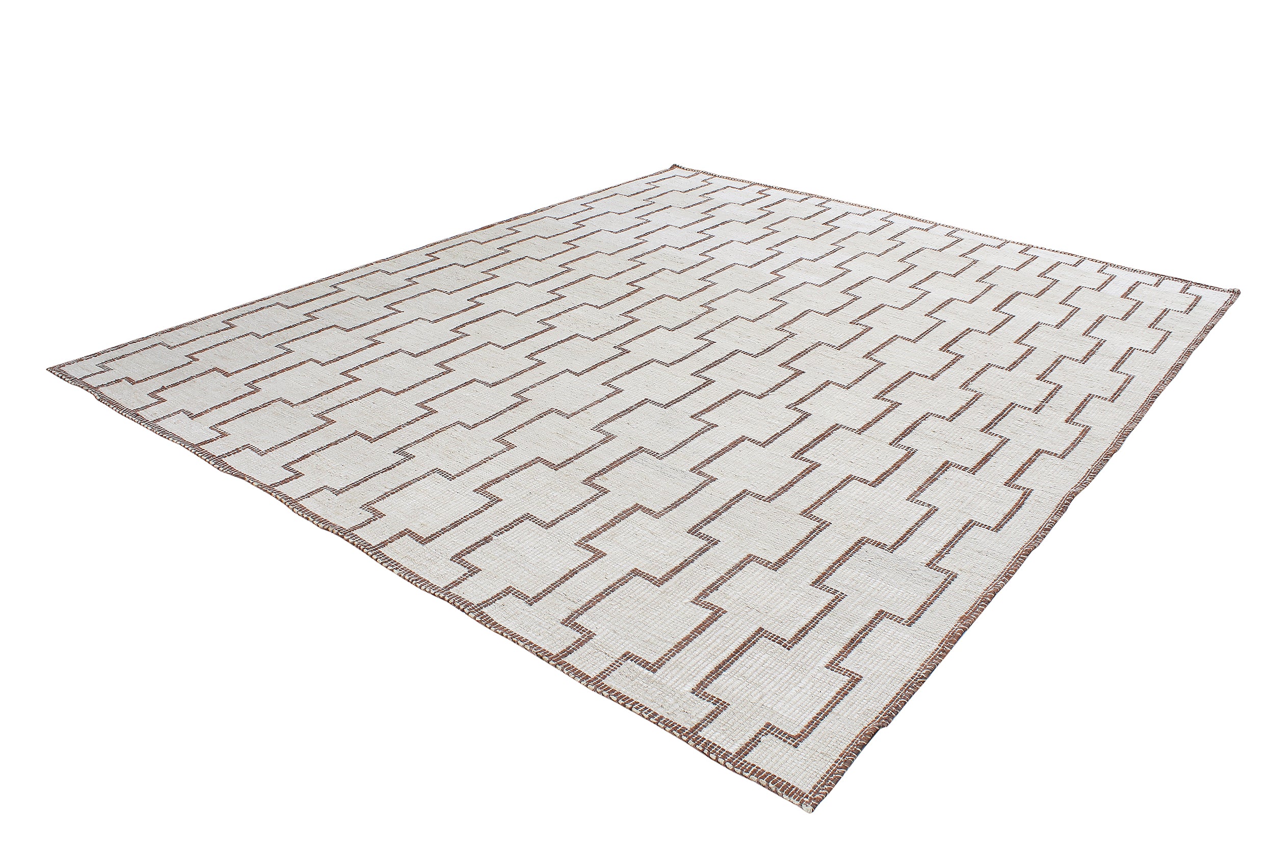 Modern Tribal Flatweave Rug with Linked Block Pattern in Ivory & Brown