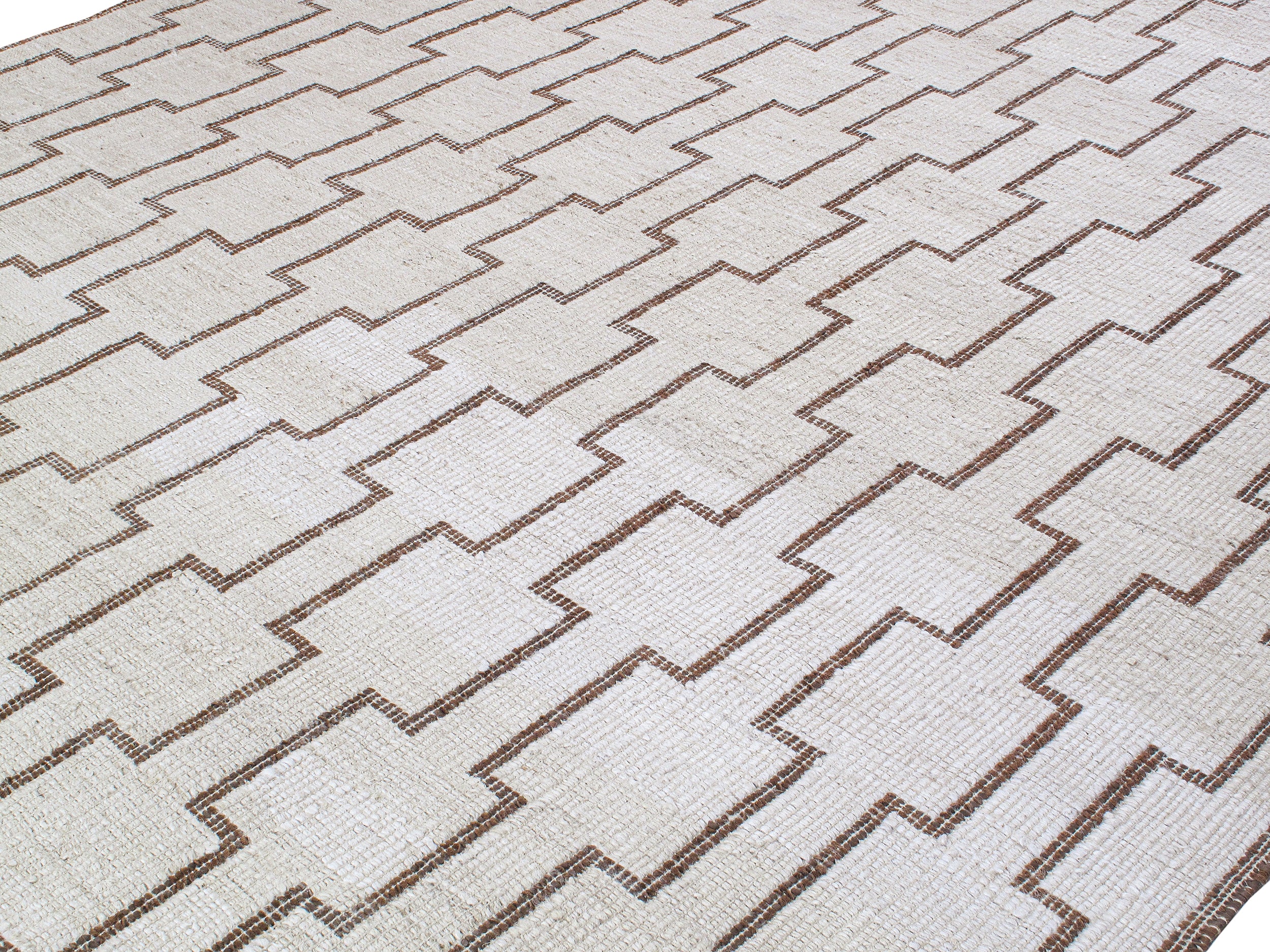 Modern Tribal Flatweave Rug with Linked Block Pattern in Ivory & Brown
